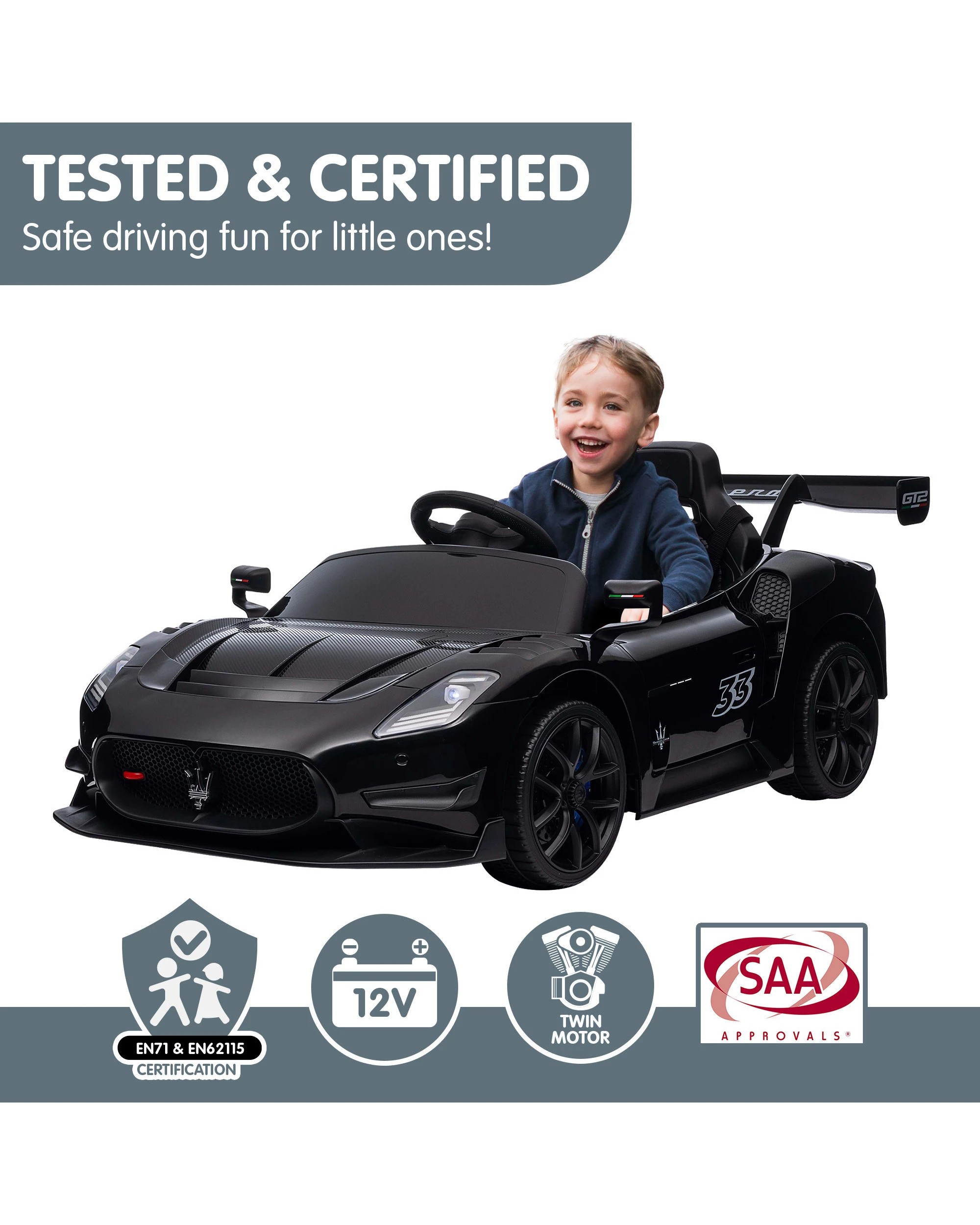 8 Kahuna Maserati MC20 GT2 Licensed Electric Kids Ride On Race Car Black, 8 of 10