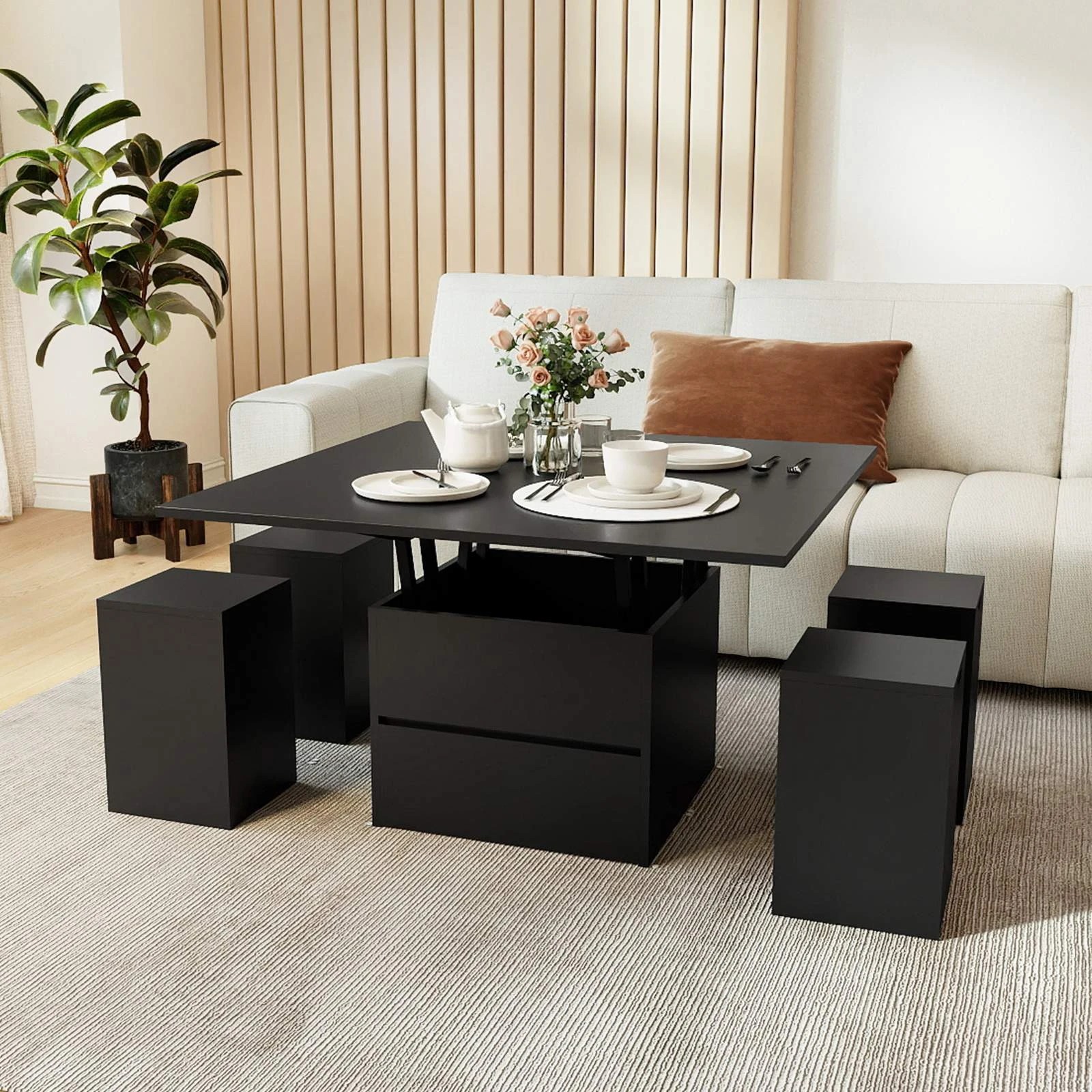 4 Costway Lift Top Coffee Table w/4 Storage Stool 3-in-1 Expandable Center Table, 4 of 4