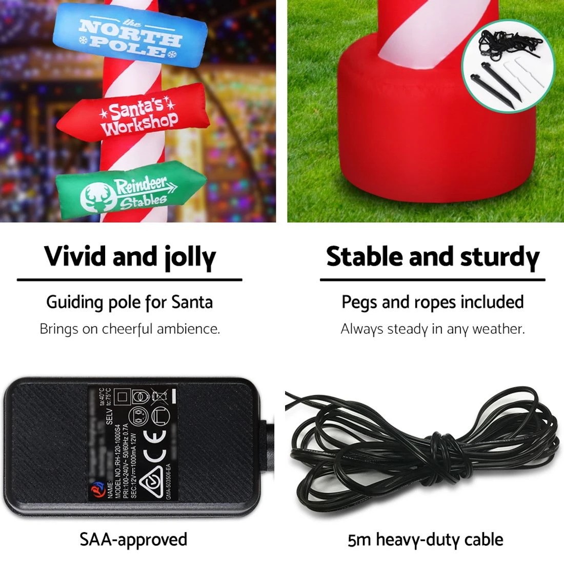 7 Jingle Jollys Christmas Inflatable Candy Pole 2.4m Illuminated Decorations
 - Red, 7 of 8