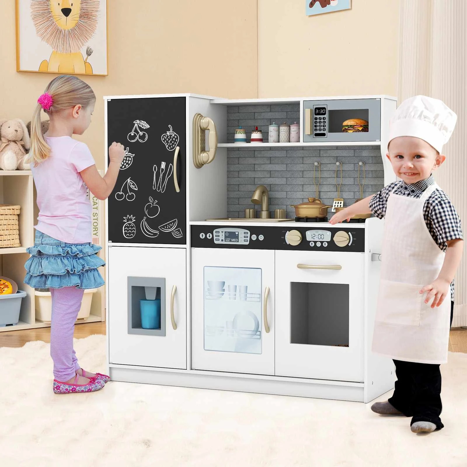 2 Costway Kitchen Playset Pretend Cooking Toy w/Cookware - White, 2 of 2