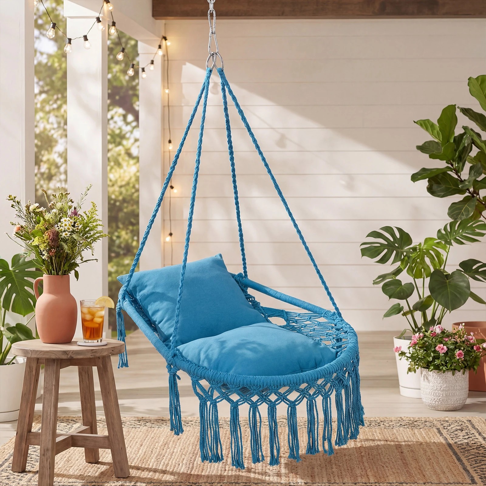 3 Costway Macrame Swing Chair Boho Rope Hanging Hammock Chair - Blue, 3 of 4