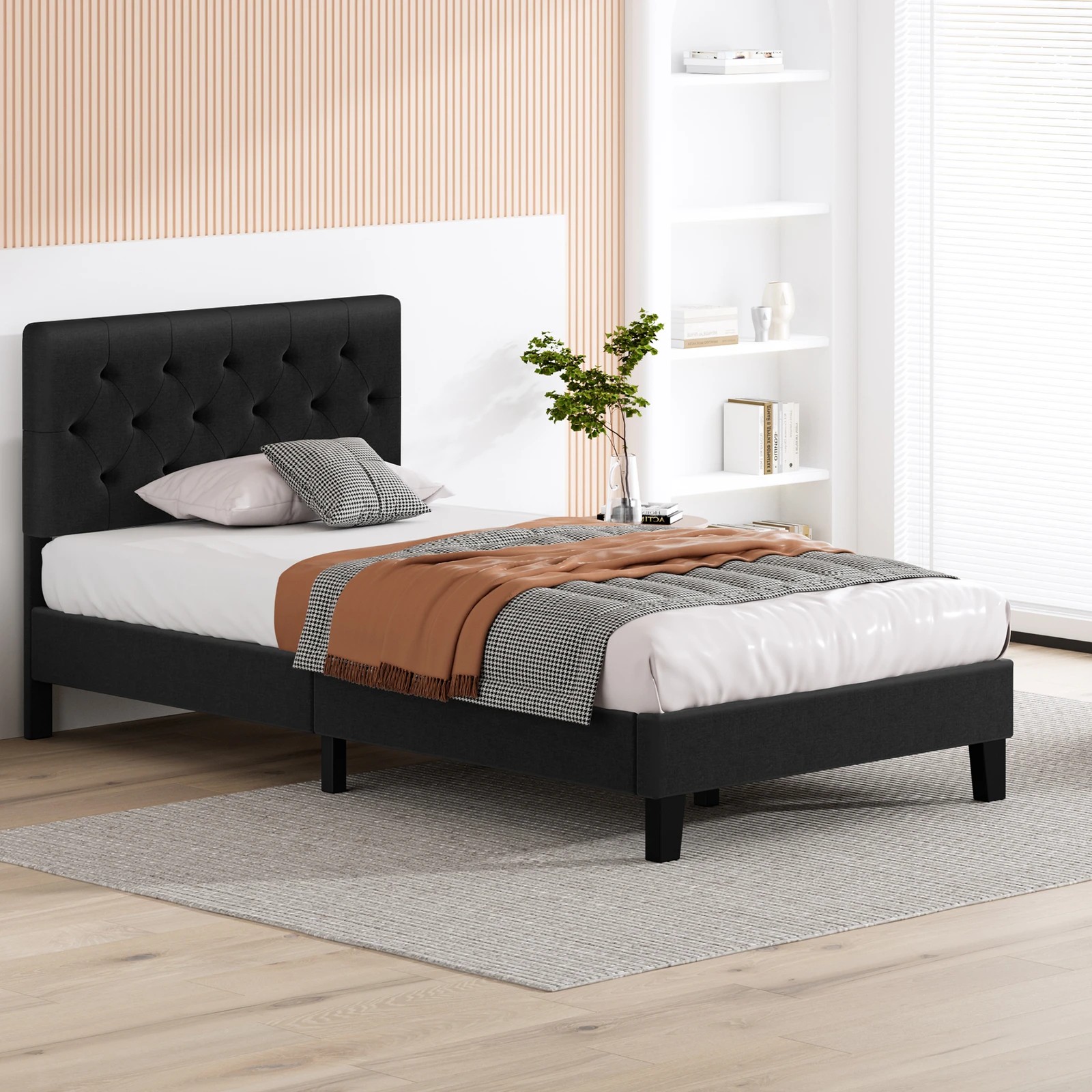 4 Alfordson Bed Frame King Single Tufted Headboard Modern Fabric Meduna - Charcoal, 4 of 9
