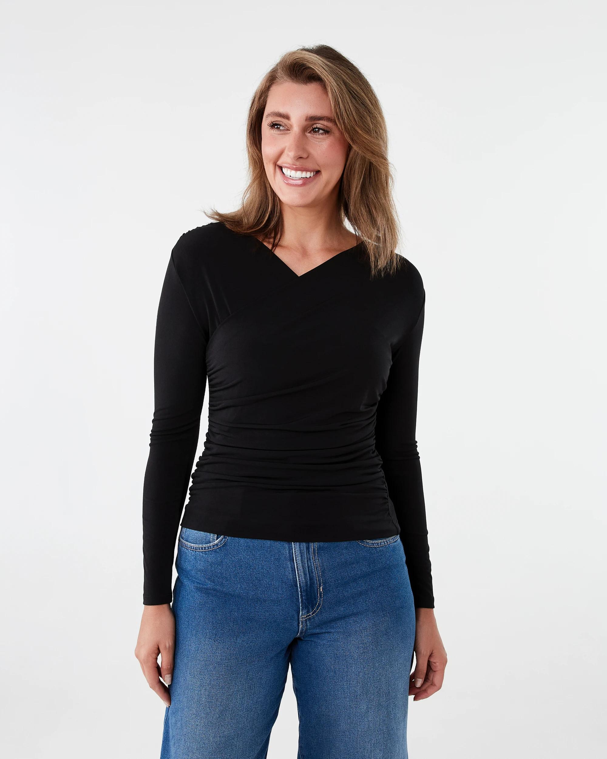 1 Long Sleeve Wrap Drape Top Black, 1 of 6