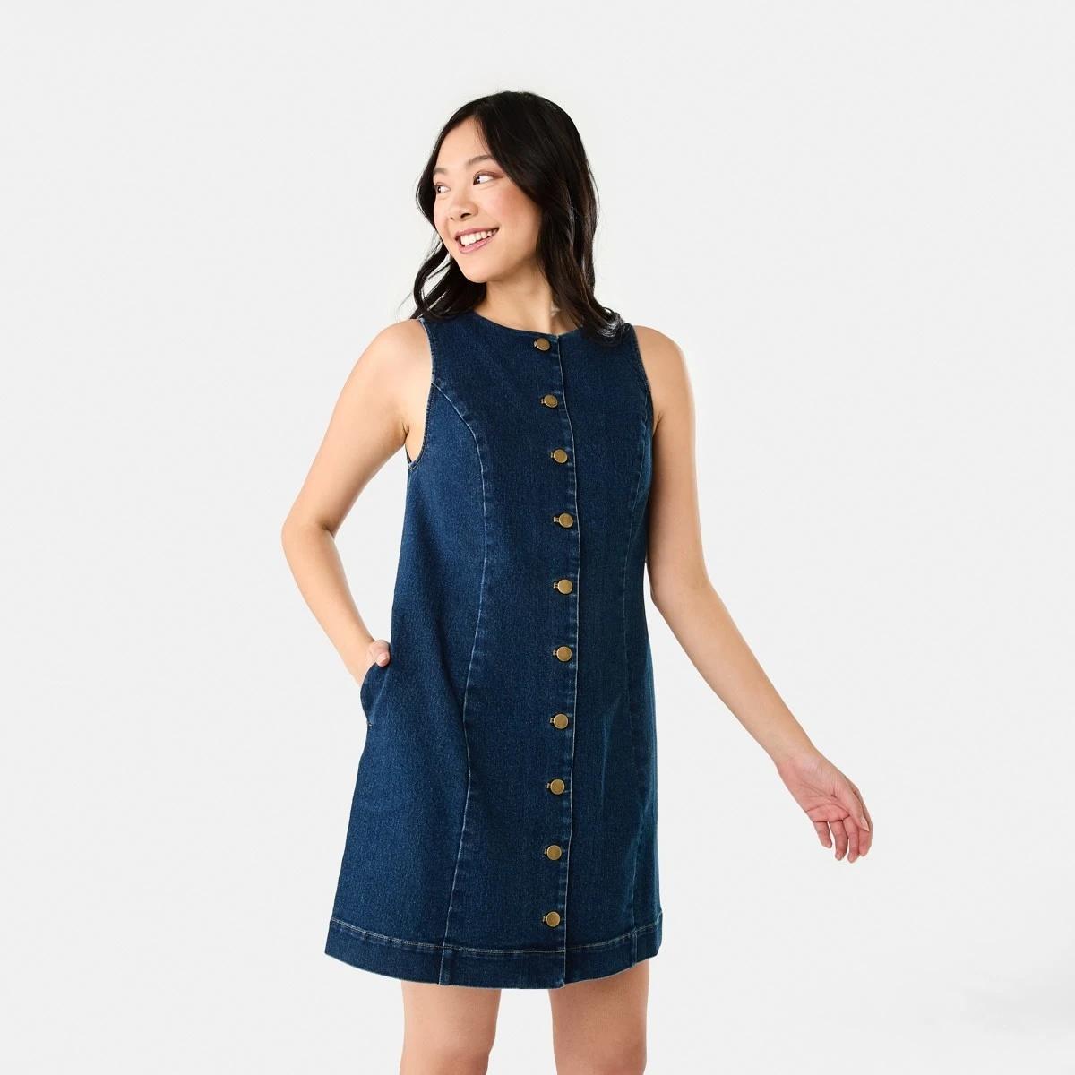 3 Sleeveless Boat Neck Denim Mini Dress DARK DENIM WASH, 3 of 8