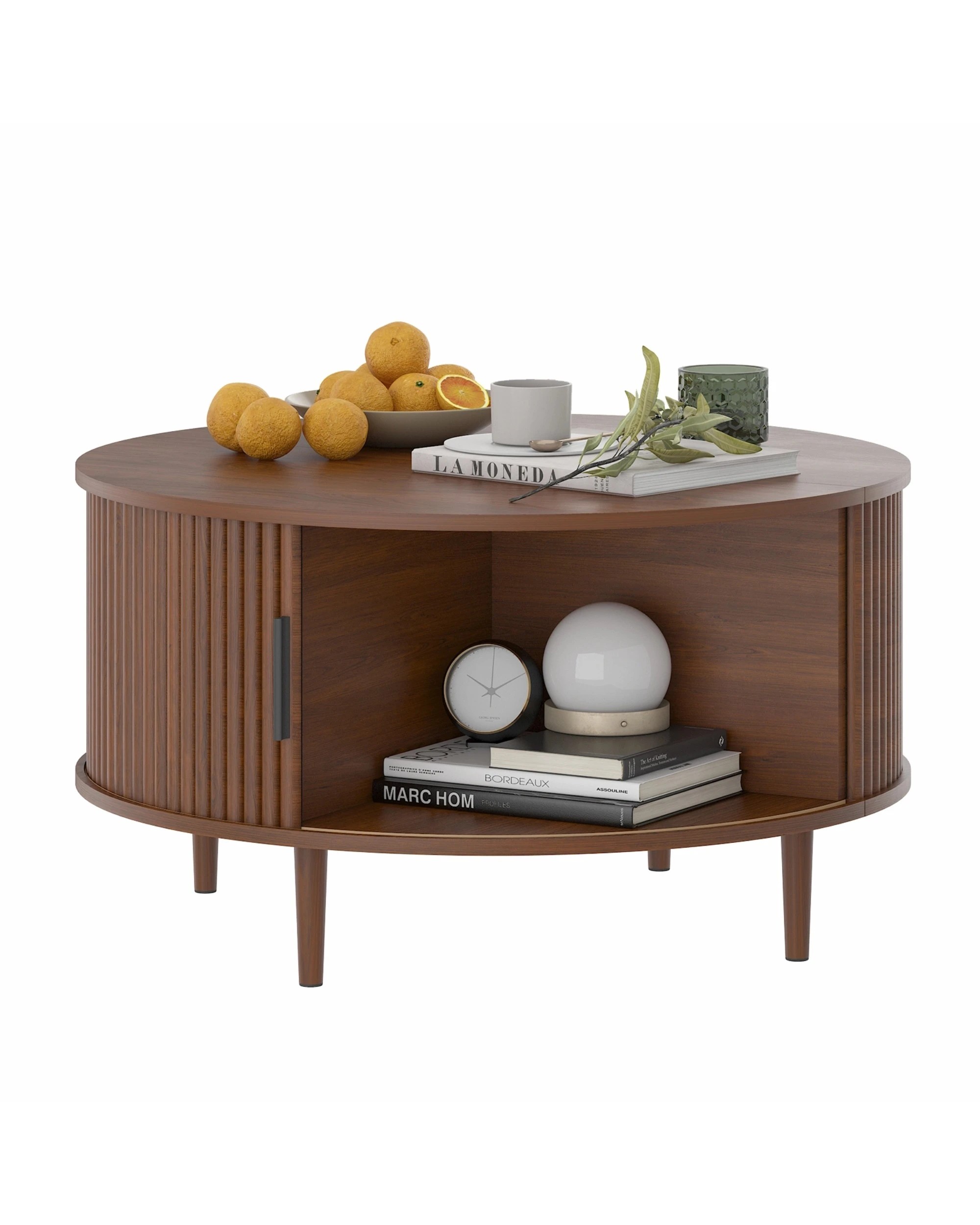 5 Advwin 80cm Round Coffee Table Fluted Center Table w/ Sliding Door Cabinet Side Table w/ Hidden Storage & Shelf, 5 of 9
