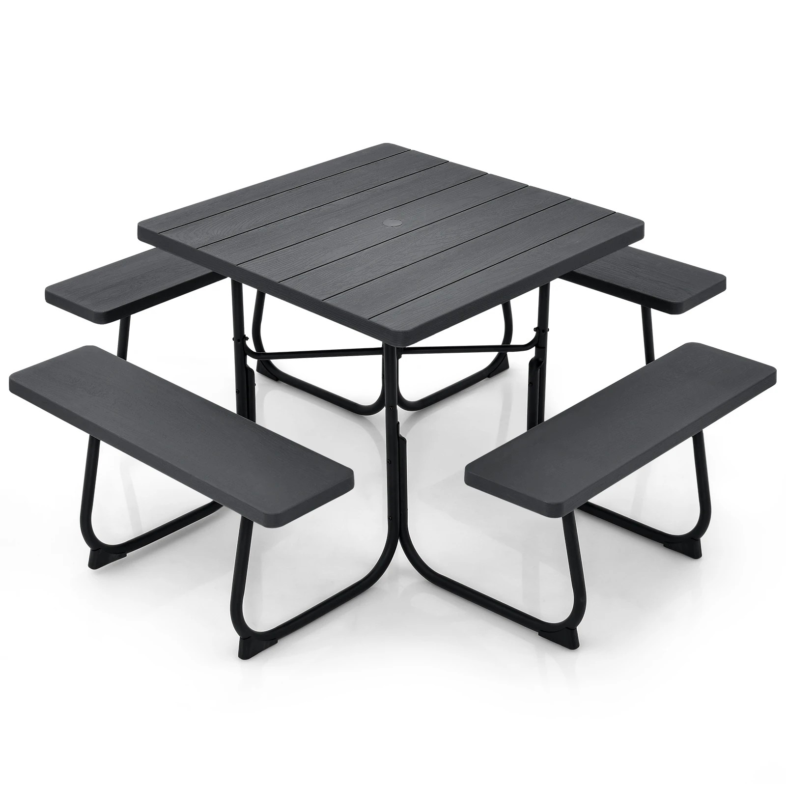 1 Costway 8-person Picnic Dining Table Outdoor Bar Bench Set All Weather w/Umbrella Hole - Black, 1 of 1