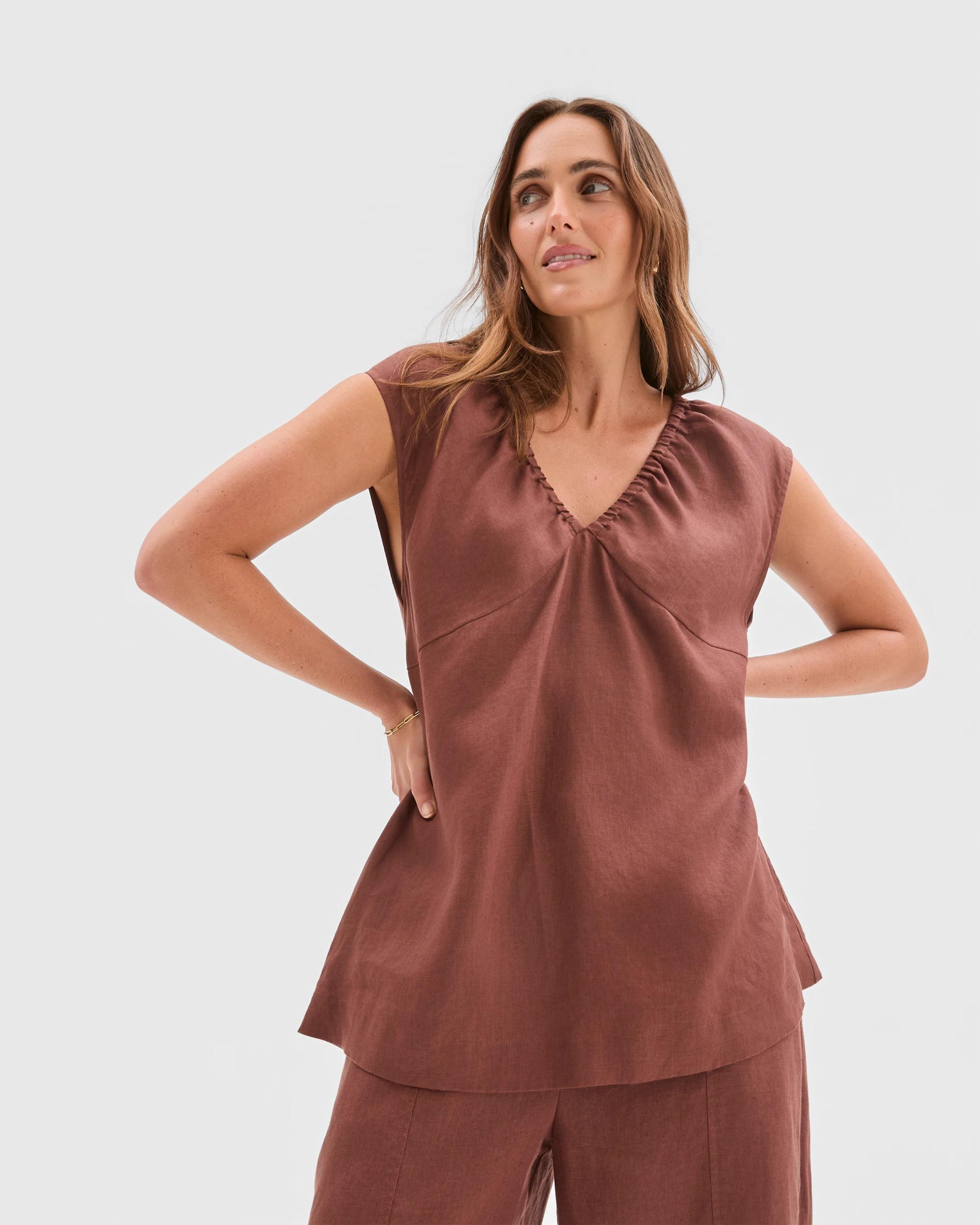 1 Target Woman European Linen Short Sleeve Top SOFT BROWN, 1 of 6
