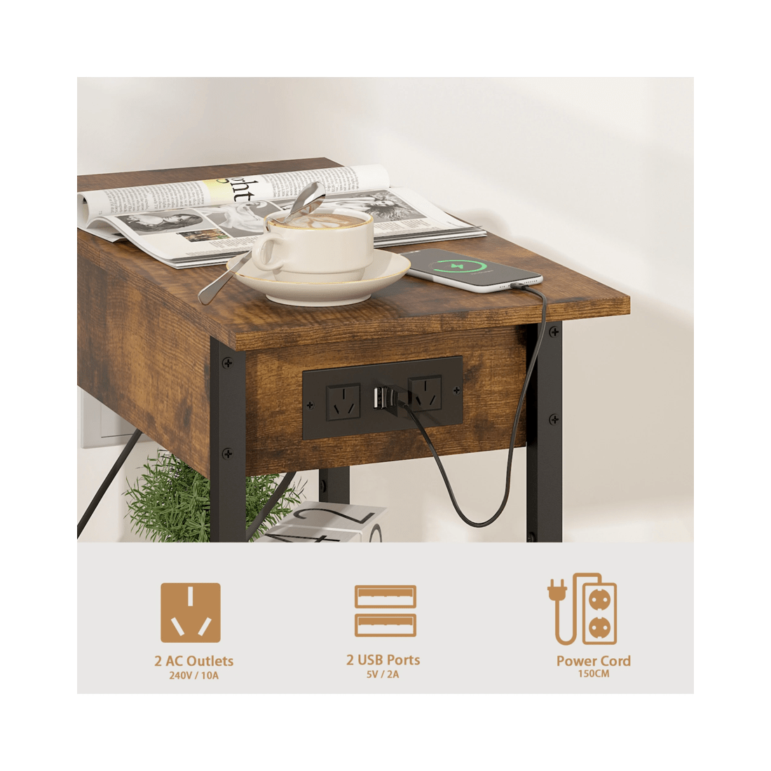 5 Advwin Side Table Flip Top Sofa End Table W/ Charging Station Narrow Bedside Table Walnut, 5 of 8