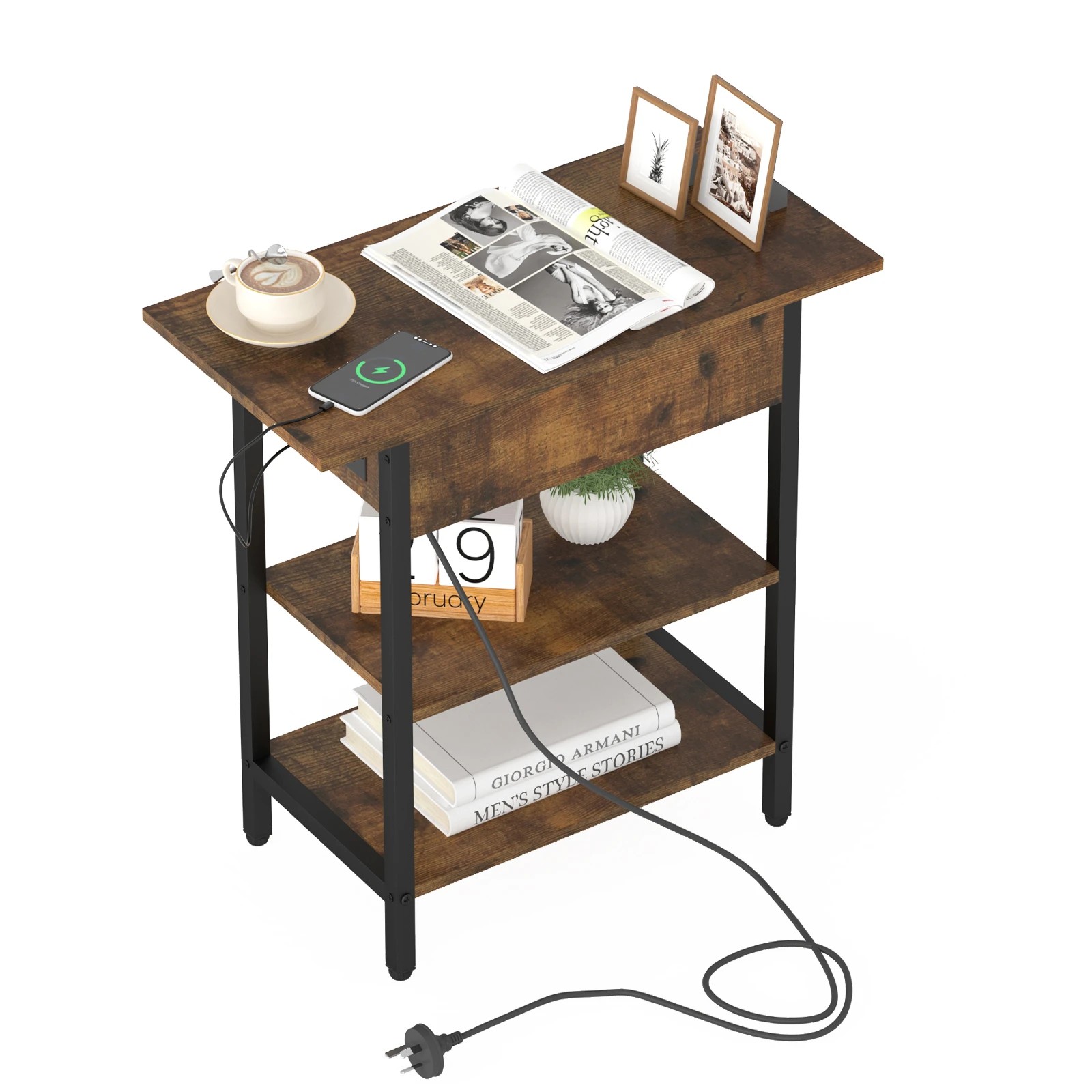 3 Advwin Flip Top Side Table W/ Charging Station Walnut, 3 of 6