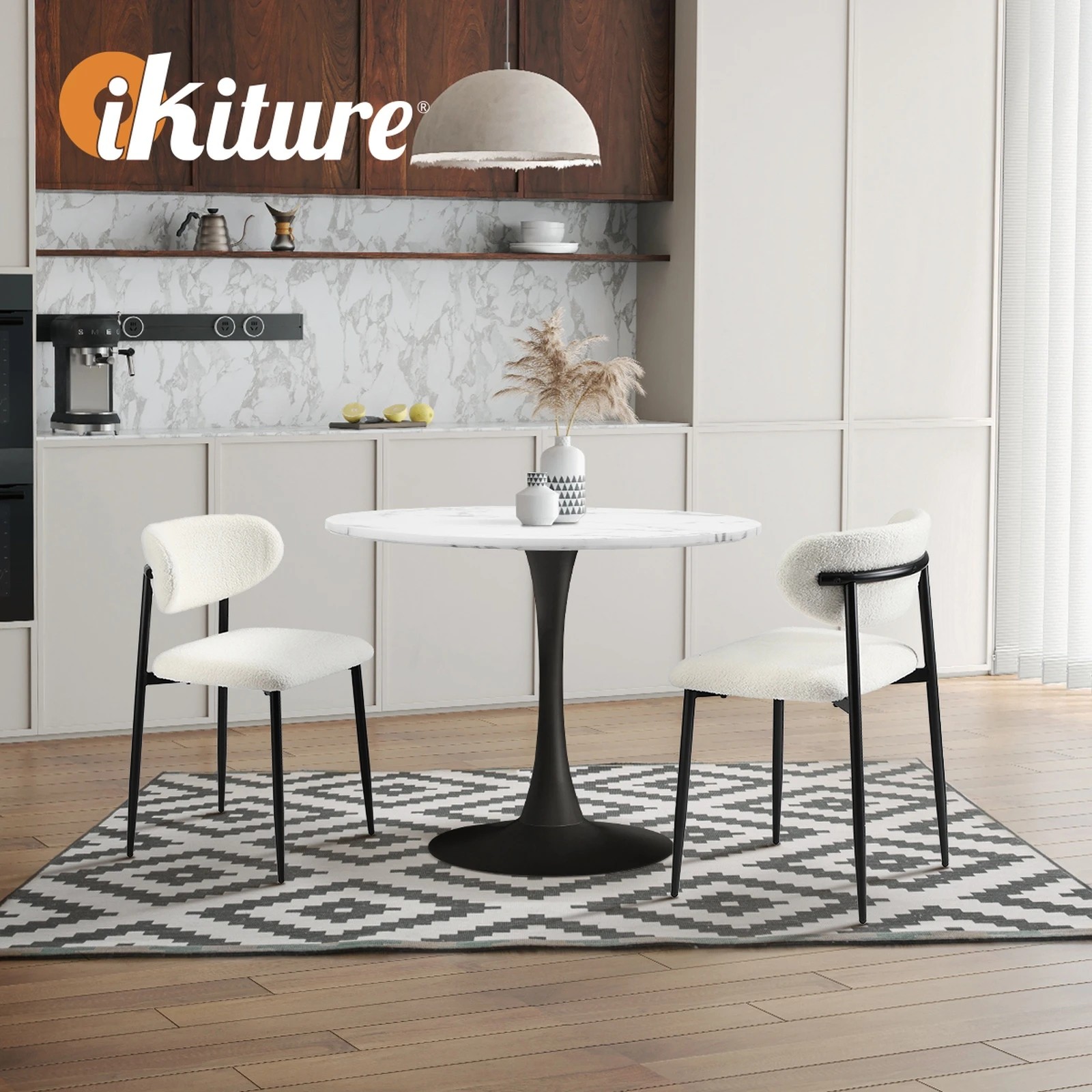 6 Oikiture 60cm Round Dining Table with 2x Dining Chairs Boucle - Multi, 6 of 9