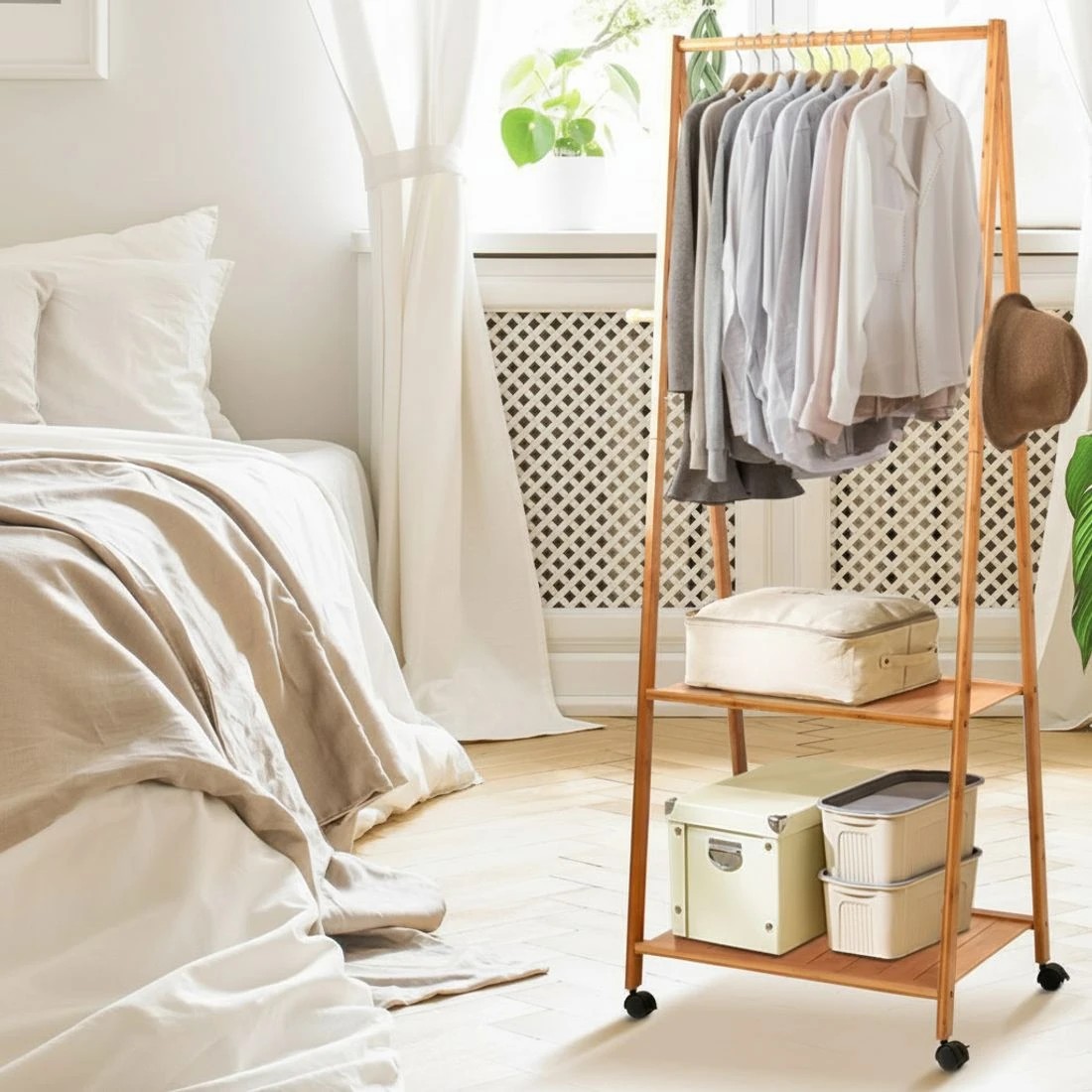 4 Artiss Clothes Rack Airer Coat Stand 165x59cm Wheels - Natural, 4 of 4