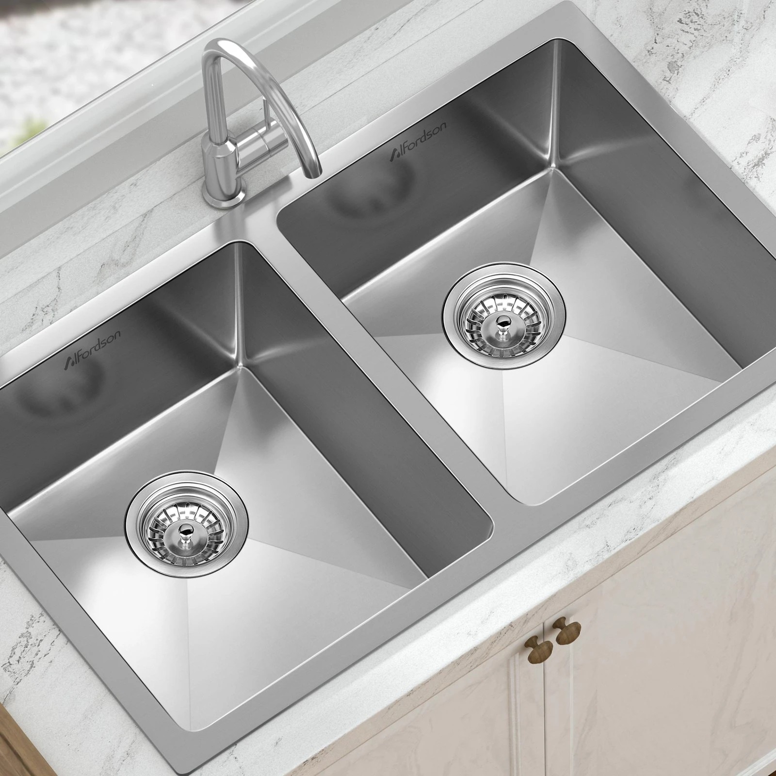 3 Alfordson Kitchen Sink 77x45cm Stainless Steel Basin Double Bowl - Silver, 3 of 8