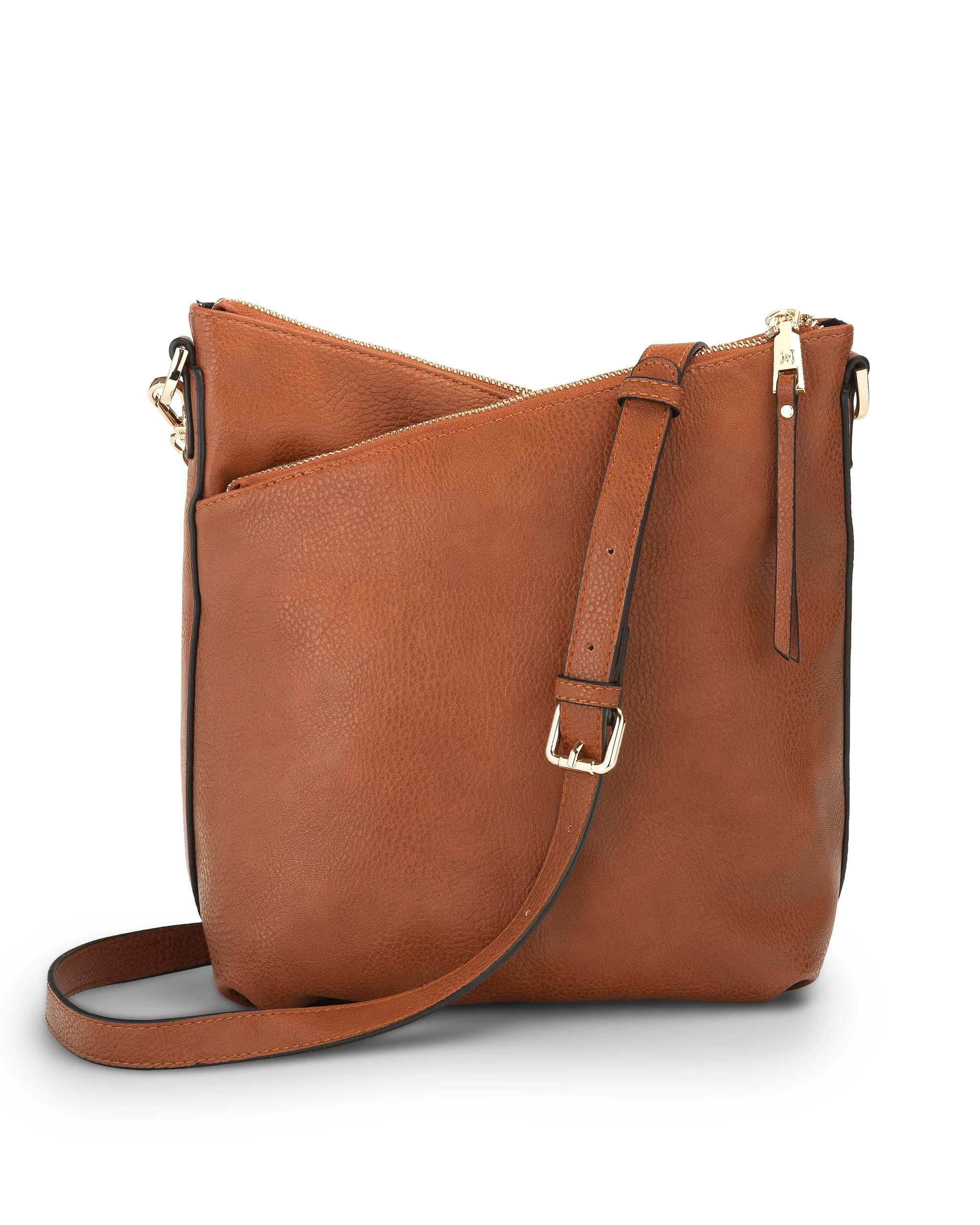 8 Madison Accessories Maya Medium Double Zip Sling Crossbody Bag DK TAN LT GOLD, 8 of 9