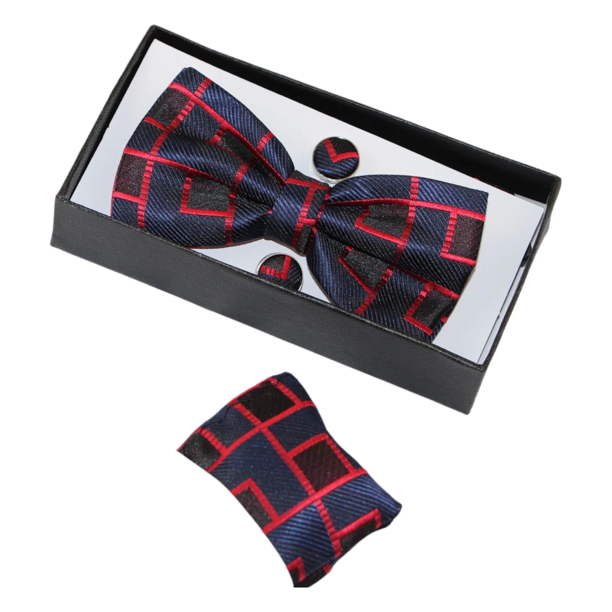 2 Zasel Mens Navy & Dark Red Maze Matching Bow Tie, Pocket Square & Cuff Links Set - Multi, 2 of 5