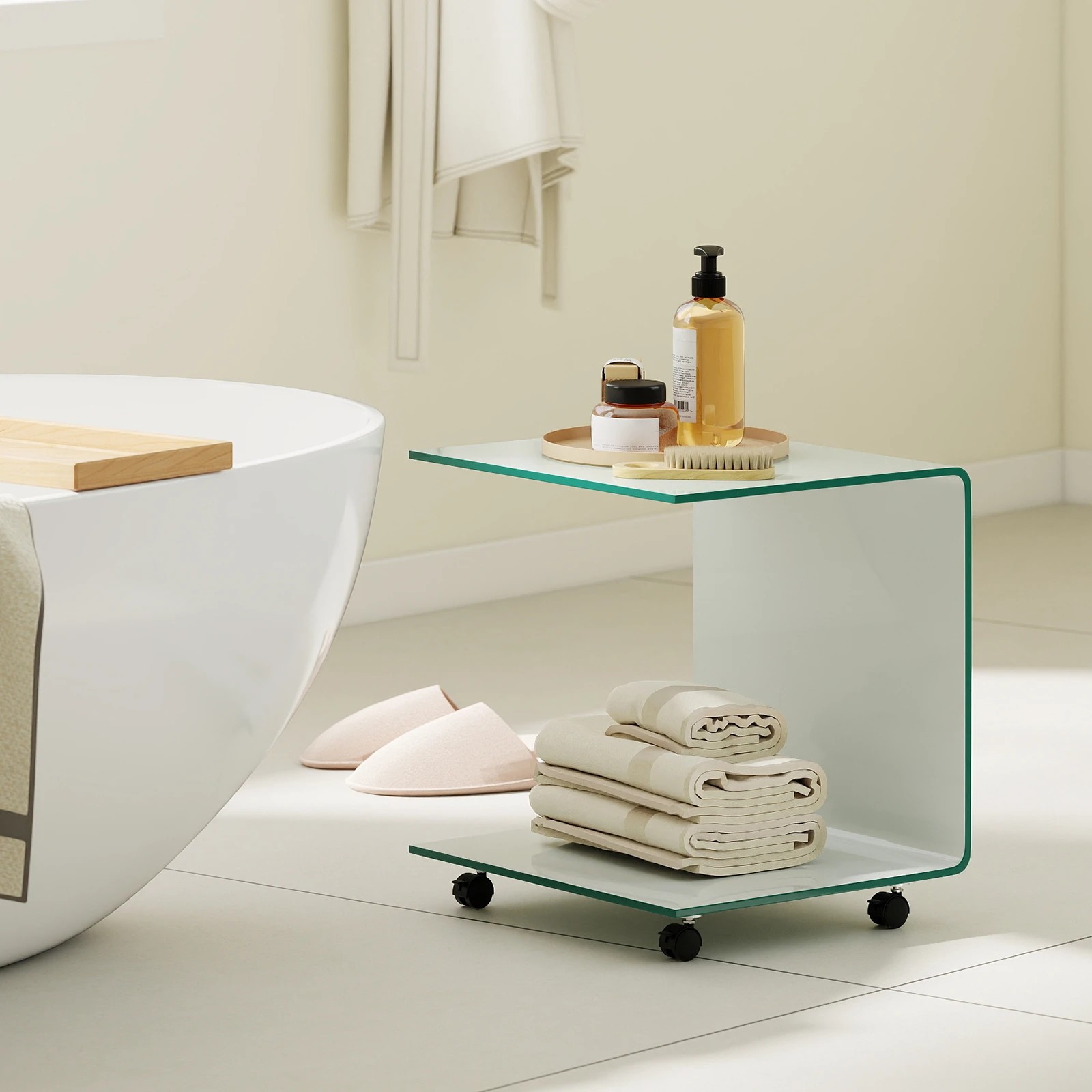4 Costway Mobile C-Shaped End Table Tempered Glass 2 Tier Shelf Sofa Bedside Table, 4 of 5