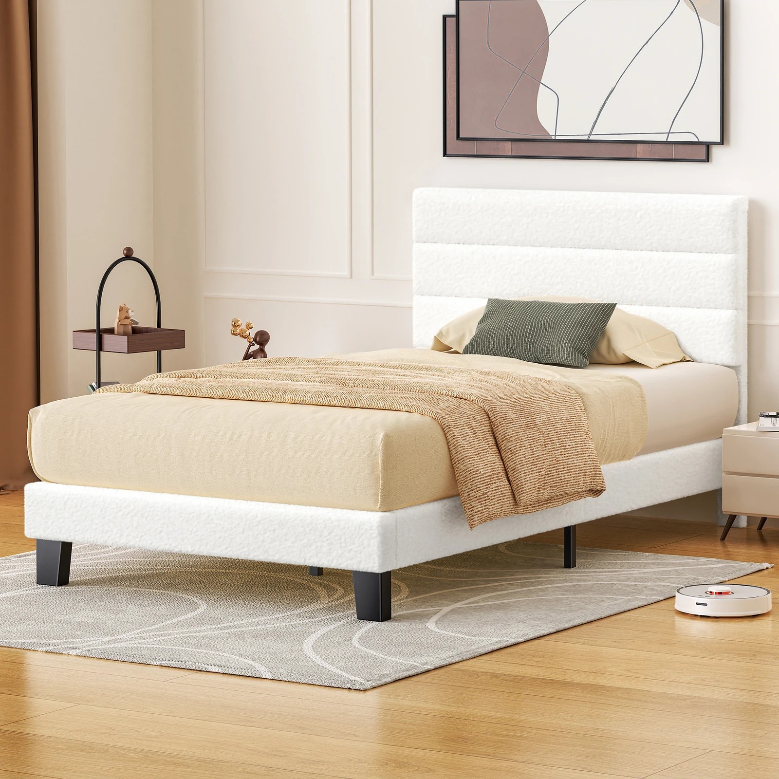 2 Alfordson Bed Frame Single Size Upholstered Platform Boucle Harlene - White, 2 of 10