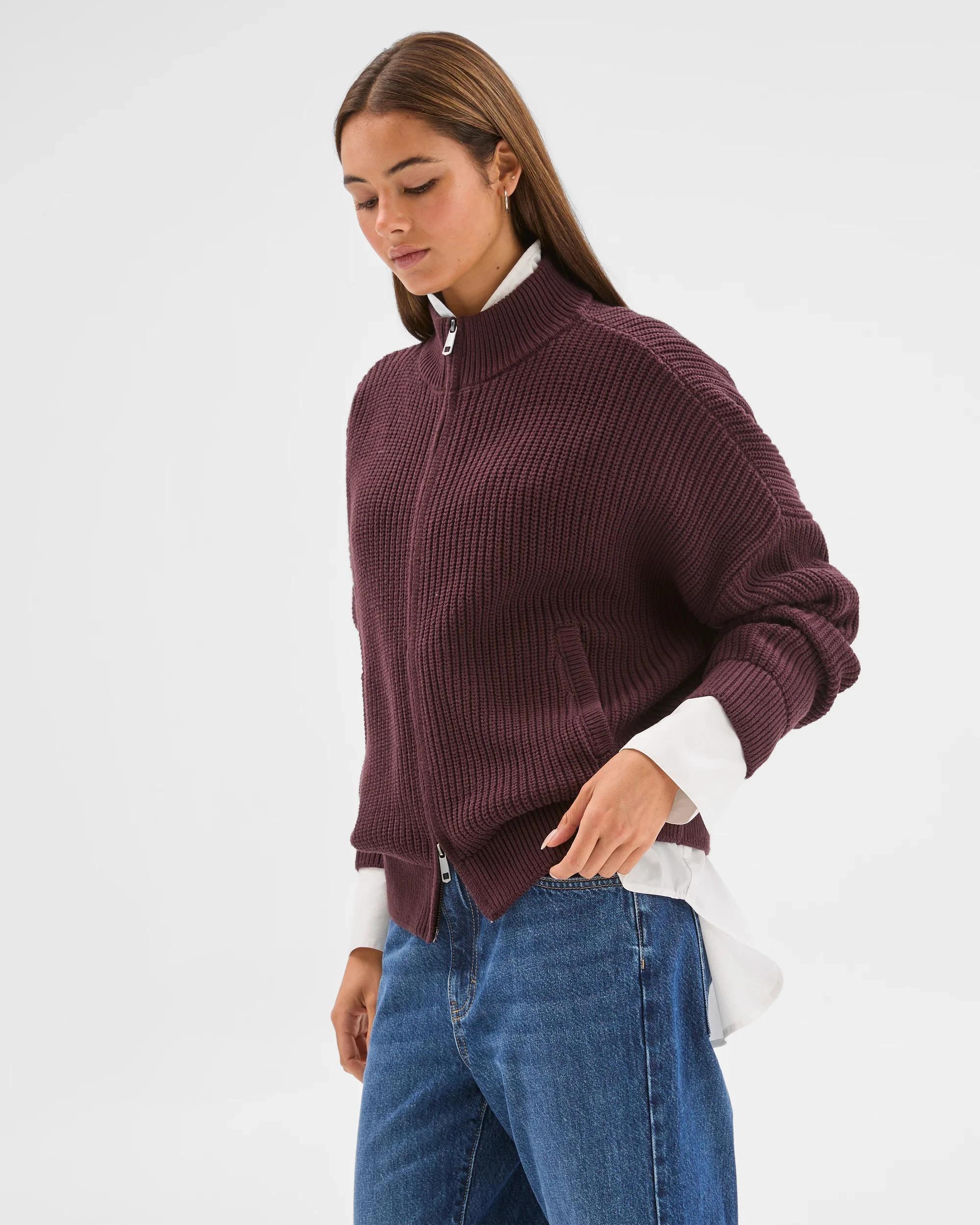 4 Lily Loves Australian Cotton Blend Zip Through Rib Cardigan FUDGE, 4 of 7