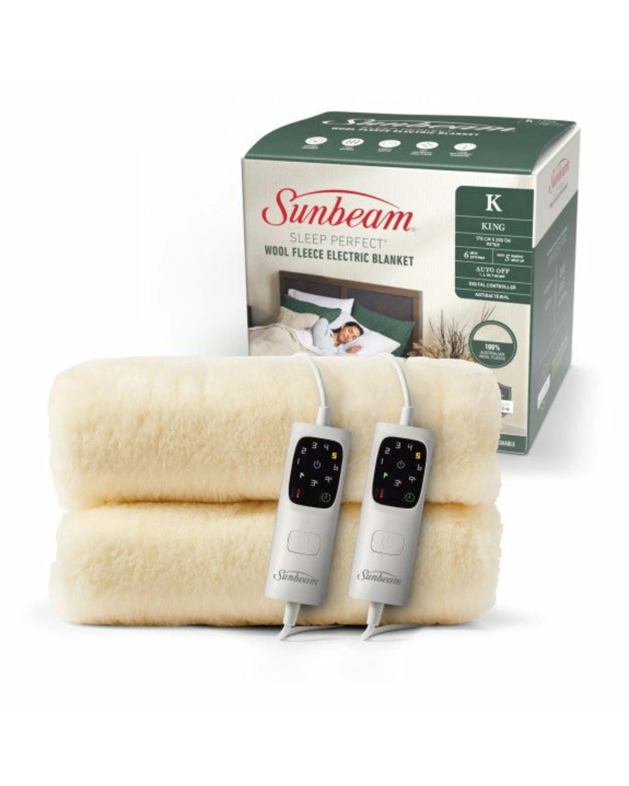 1 Sunbeam Sleep Perfect Wool Fleece Anti-Bacterial Electric Blanket - King - WHITE, 1 of 5