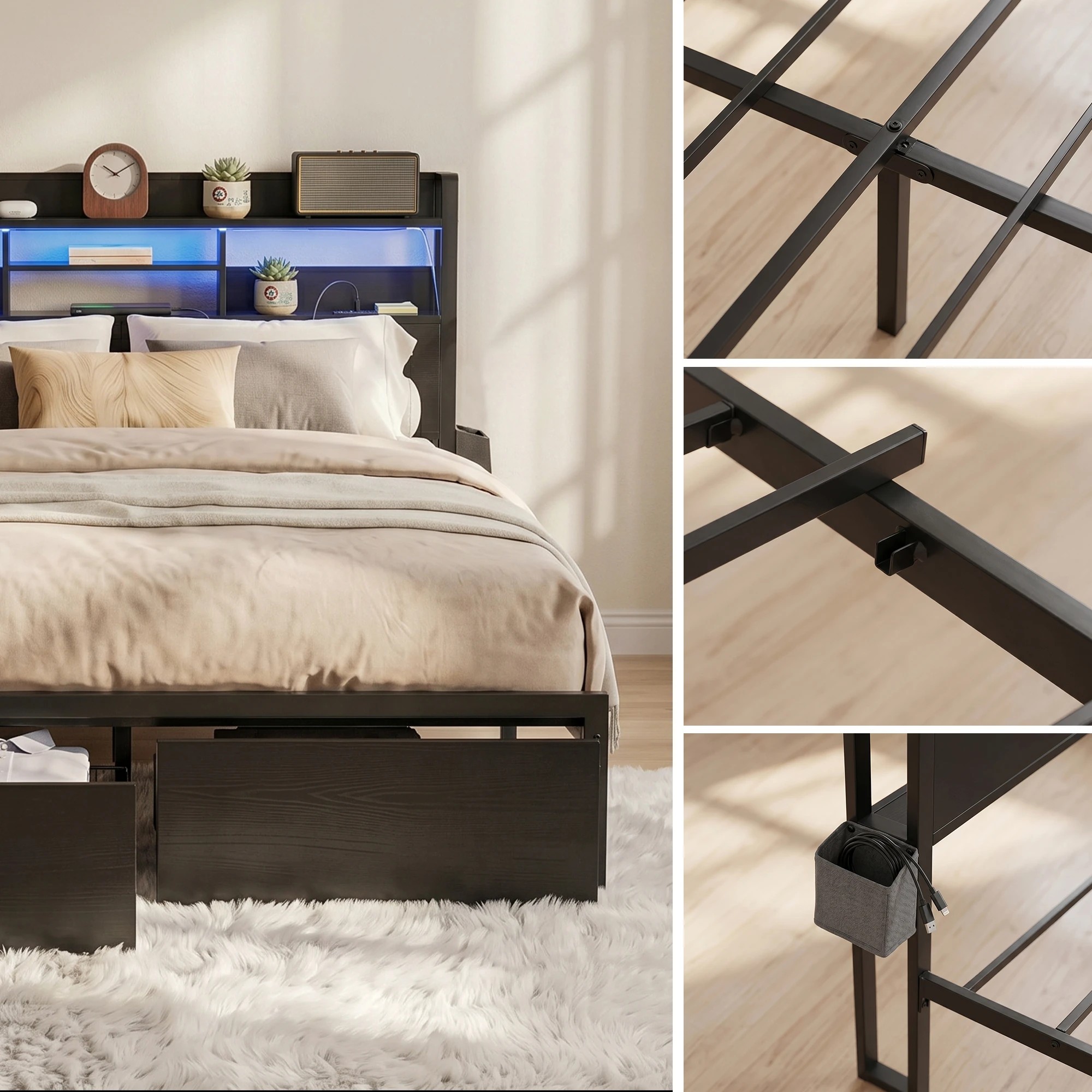 7 Artiss Bed Frame Queen with Charging Station Storage Organizer Drawers LED ZAC - Black, 7 of 8