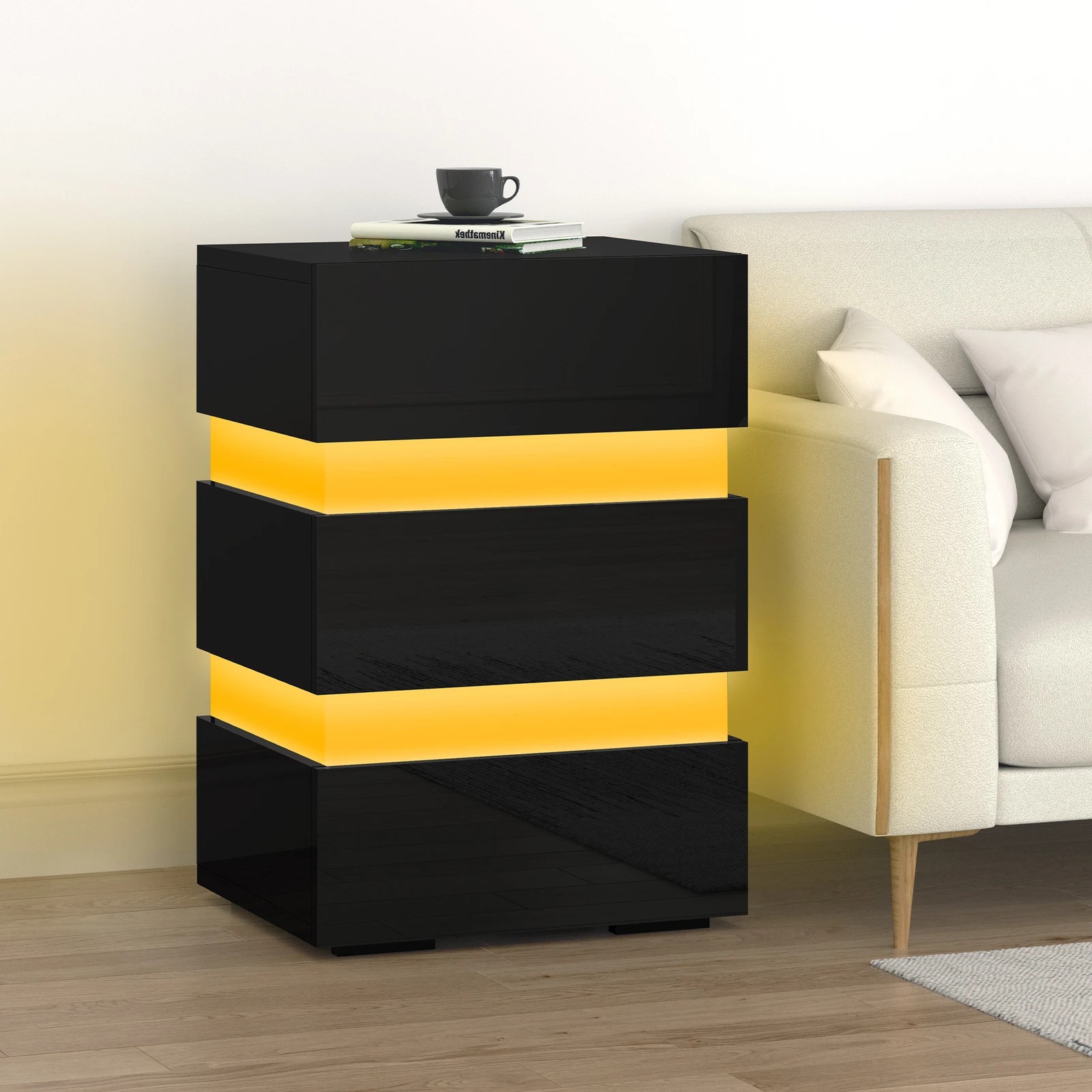 4 Alfordson Bedside Table RGB LED Nightstand 3 Drawers 4 Side High Gloss - Black, 4 of 10