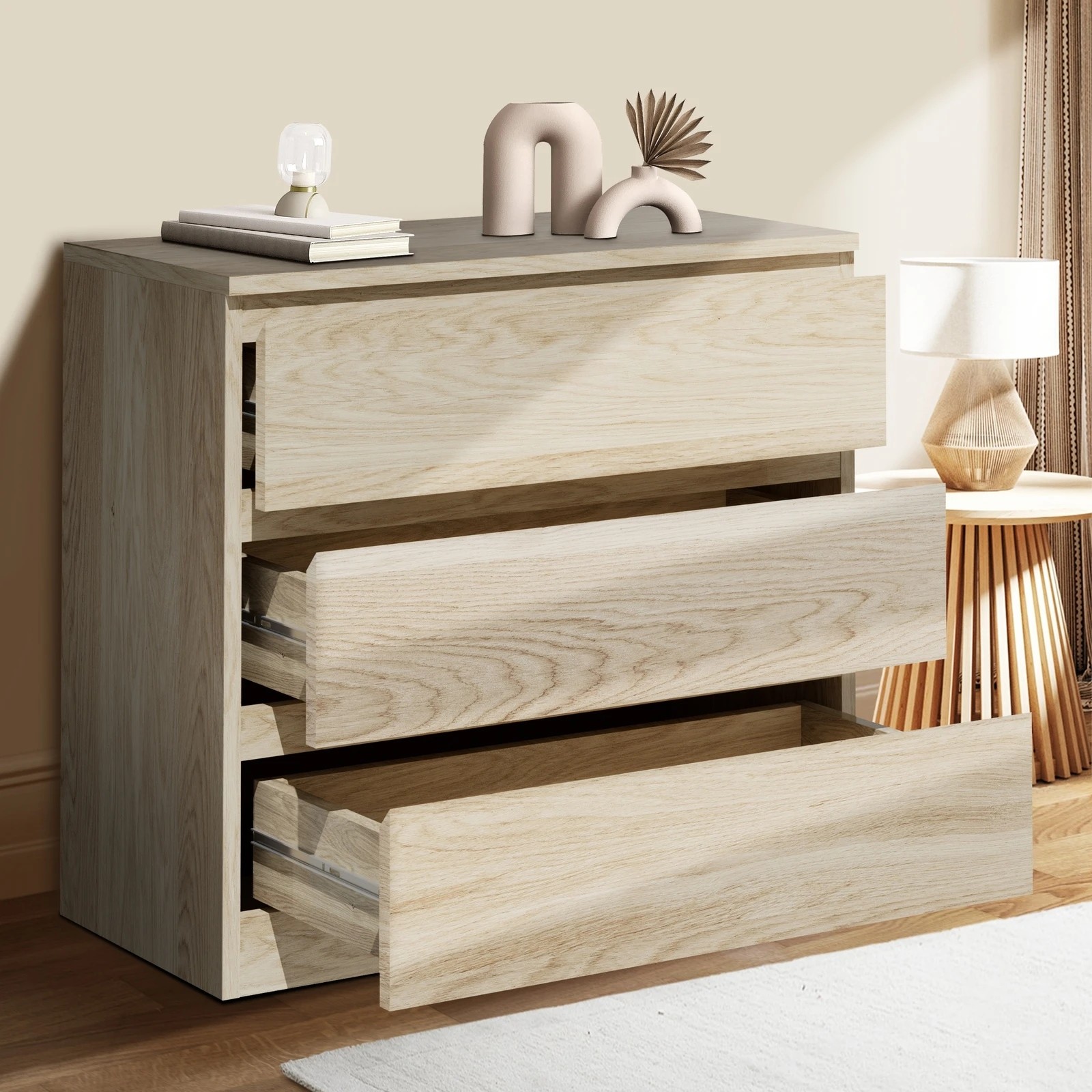 3 Oikiture 3 Chest Of Drawers Lowboy Dresser Table Storage Cabinet Bedroom
 - Natural, 3 of 10