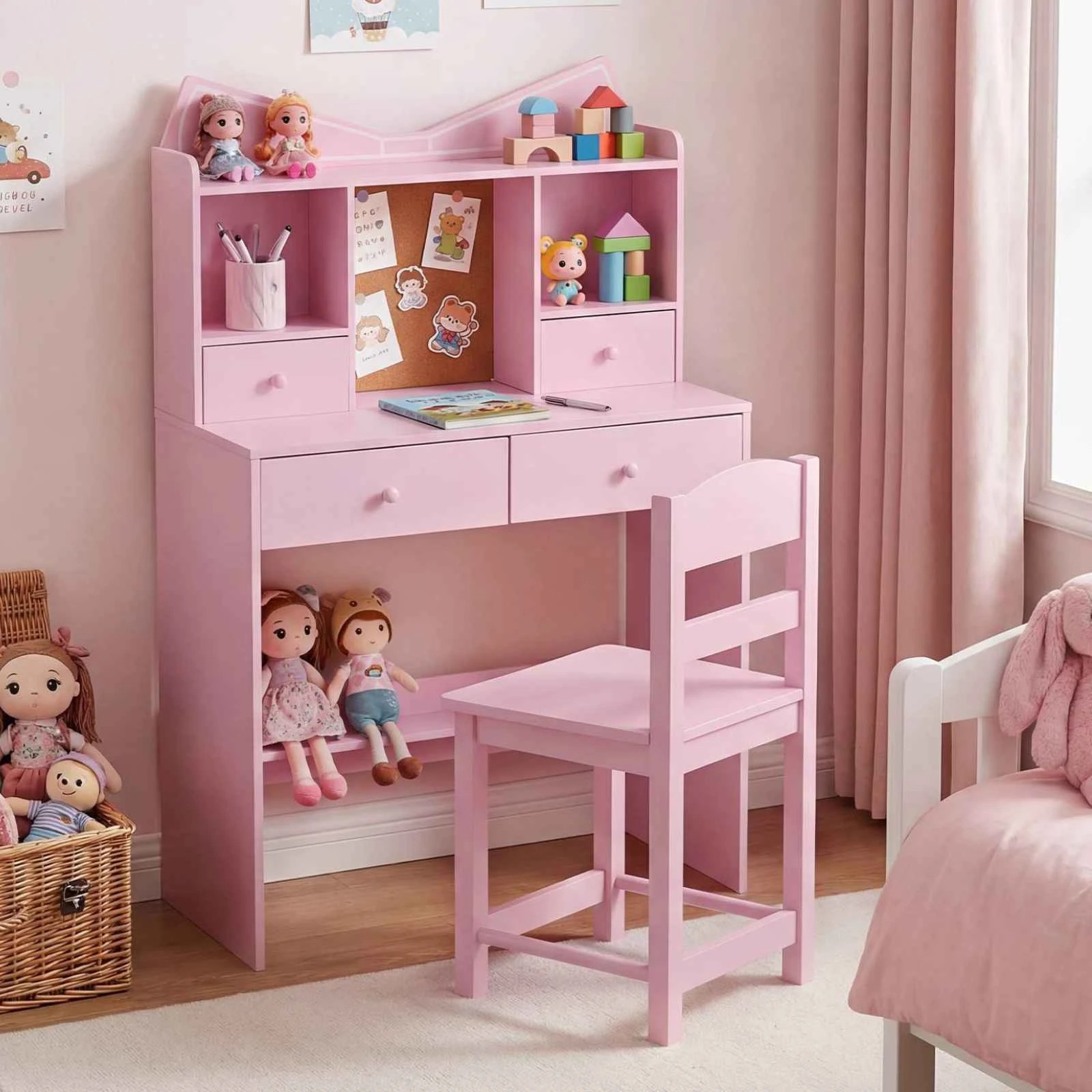 2 Costway Wood Study Desk Chair Set Writing Table - Pink, 2 of 4