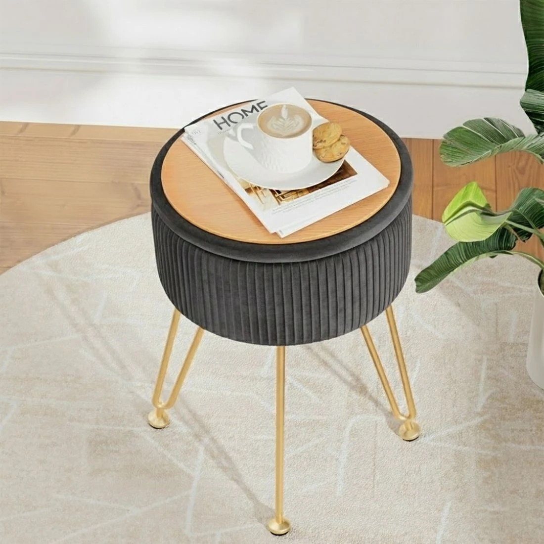 4 Artiss Ottoman Storage Foot Stool Vanity Velvet Round - Grey, 4 of 6