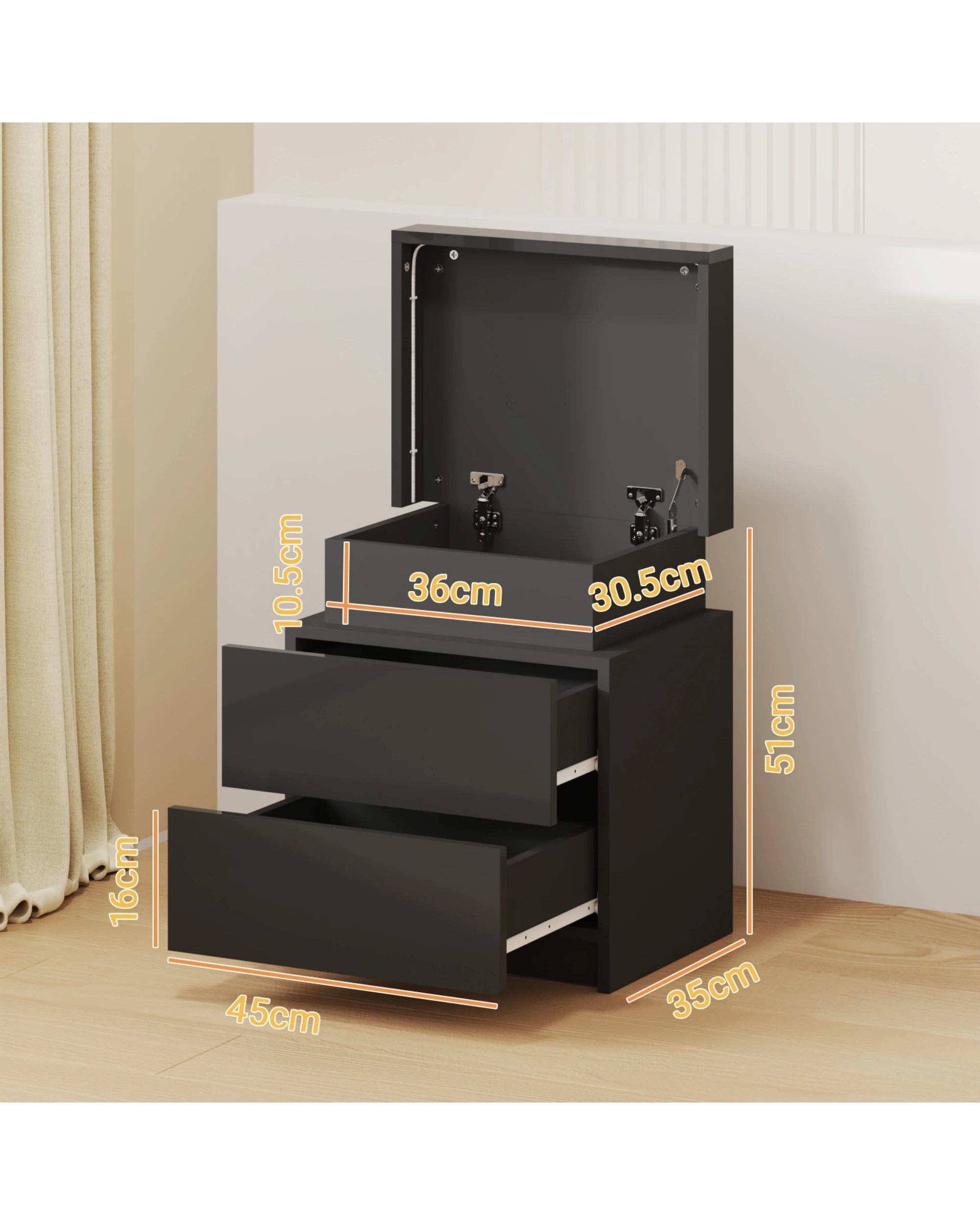 3 Advwin LED Bedside Table Lift Up with 2 Drawers - Black, 3 of 10