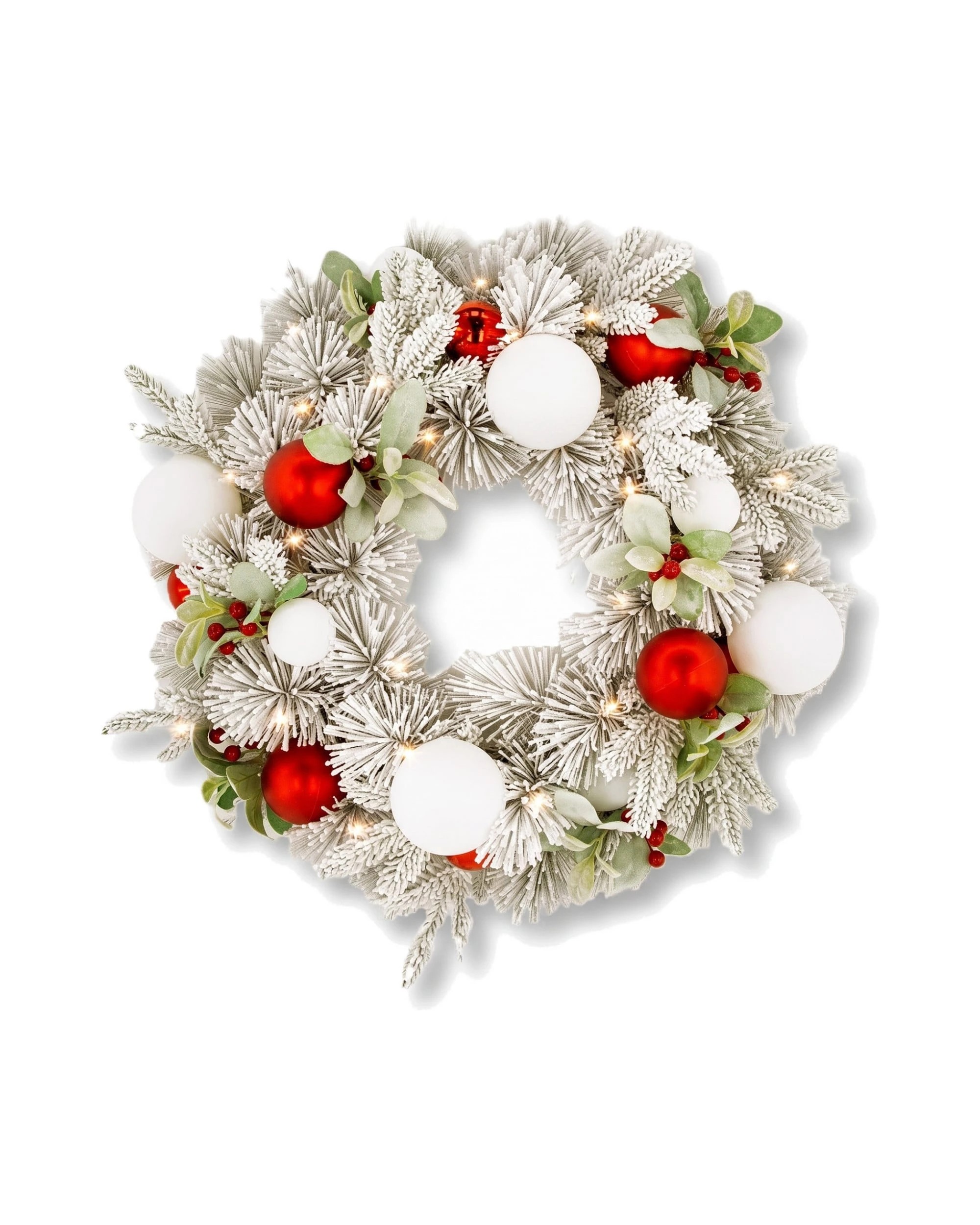 1 Christabelle 61cm Snowy Elegance Pre-Lit Christmas Wreath - Warm White LEDs, Red & White Baubles - White, 1 of 10