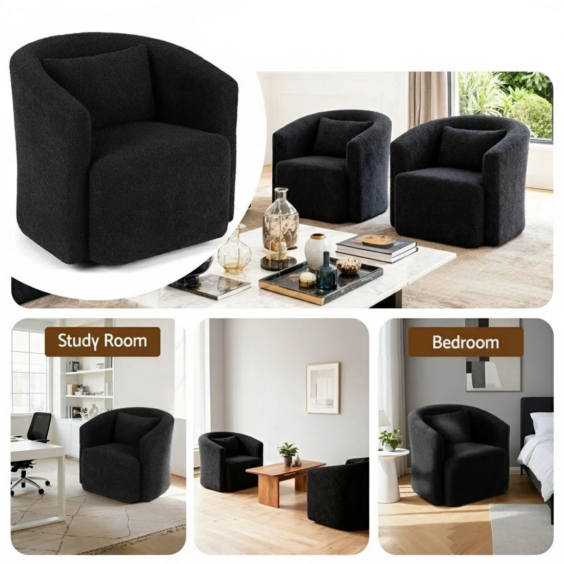 6 Artiss Swivel Chair Round Armchair Sherpa Fleece - Black, 6 of 6