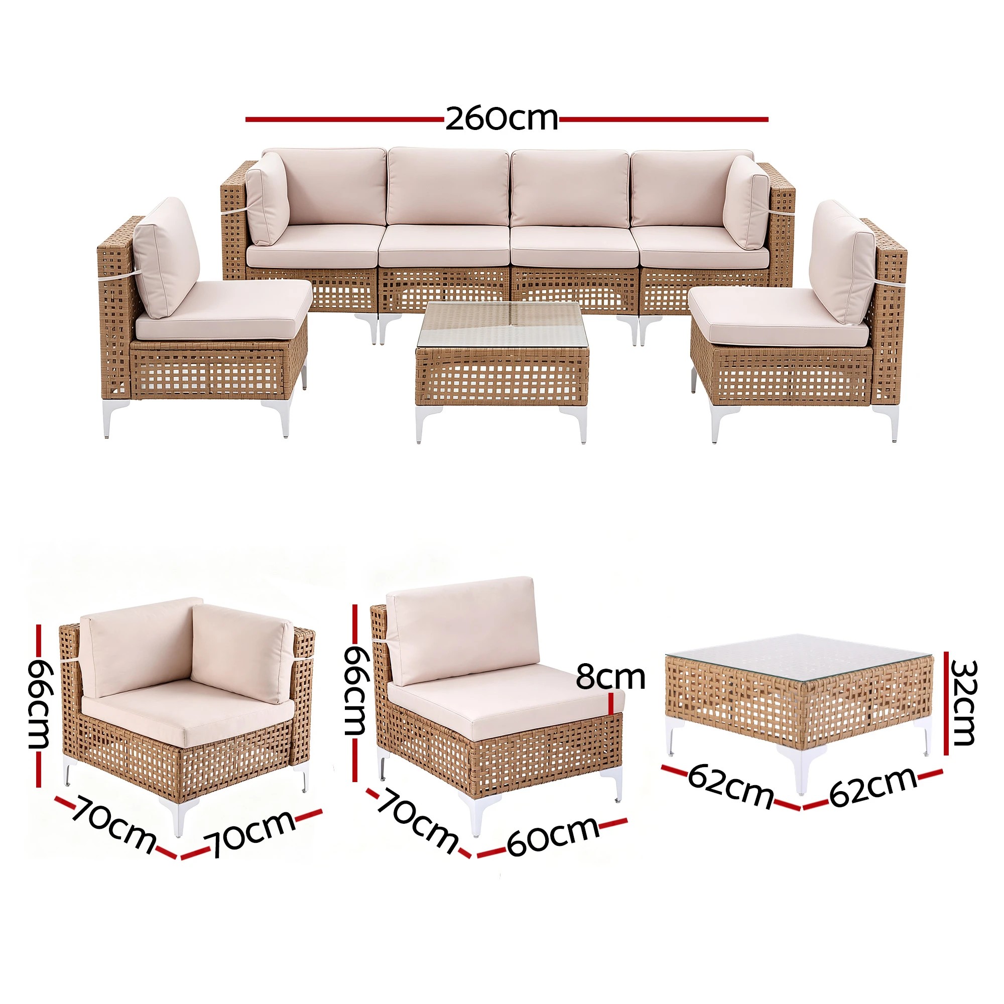 2 Gardeon 6 Seater Outdoor Sofa Set 7PCS Table Chair Set Garden Rattan Patio Furniture - Beige, 2 of 7