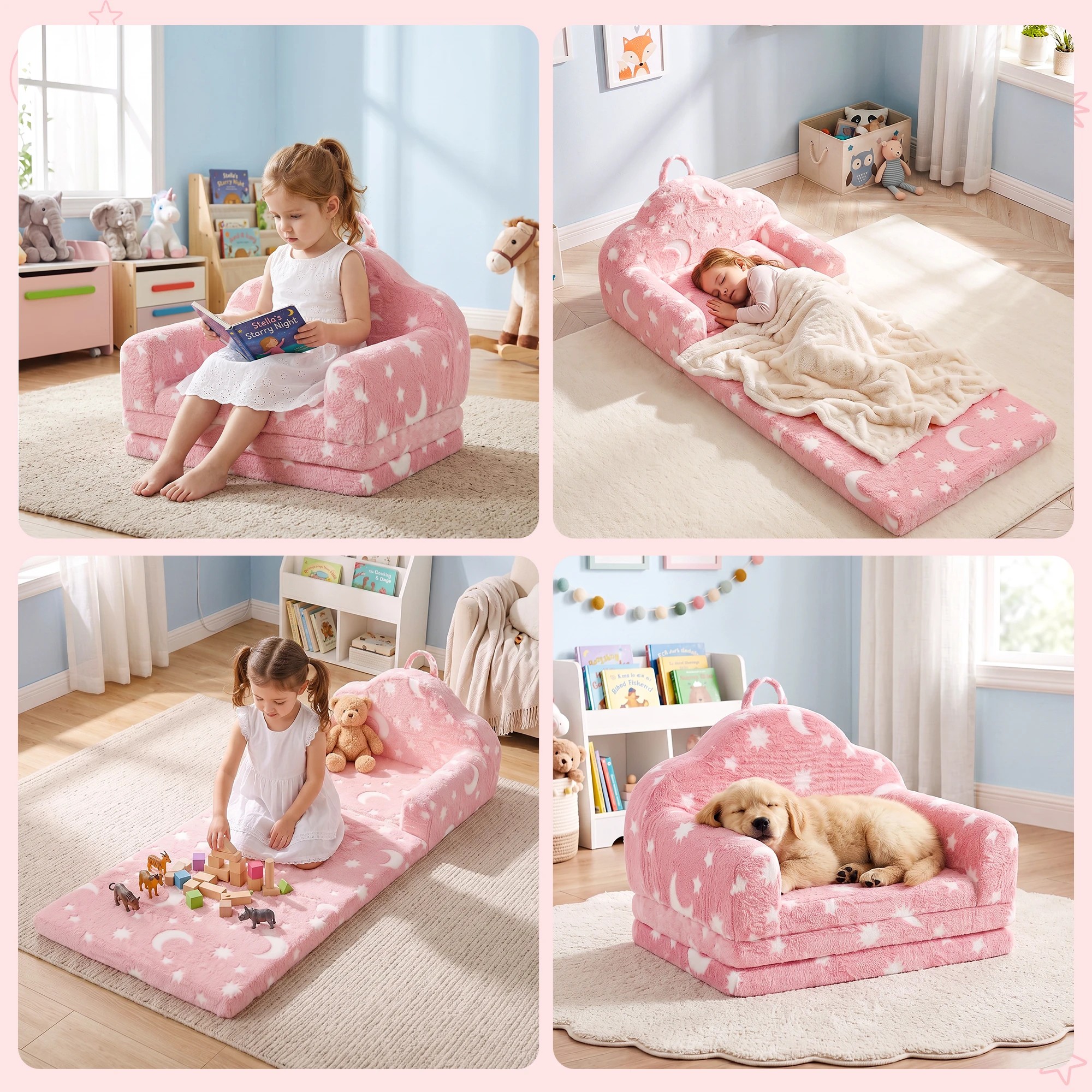 6 Keezi Kids 2-in-1 Sofa Bed Toddler Fold Out Couch Removable Washable Cover - Pink, 6 of 9