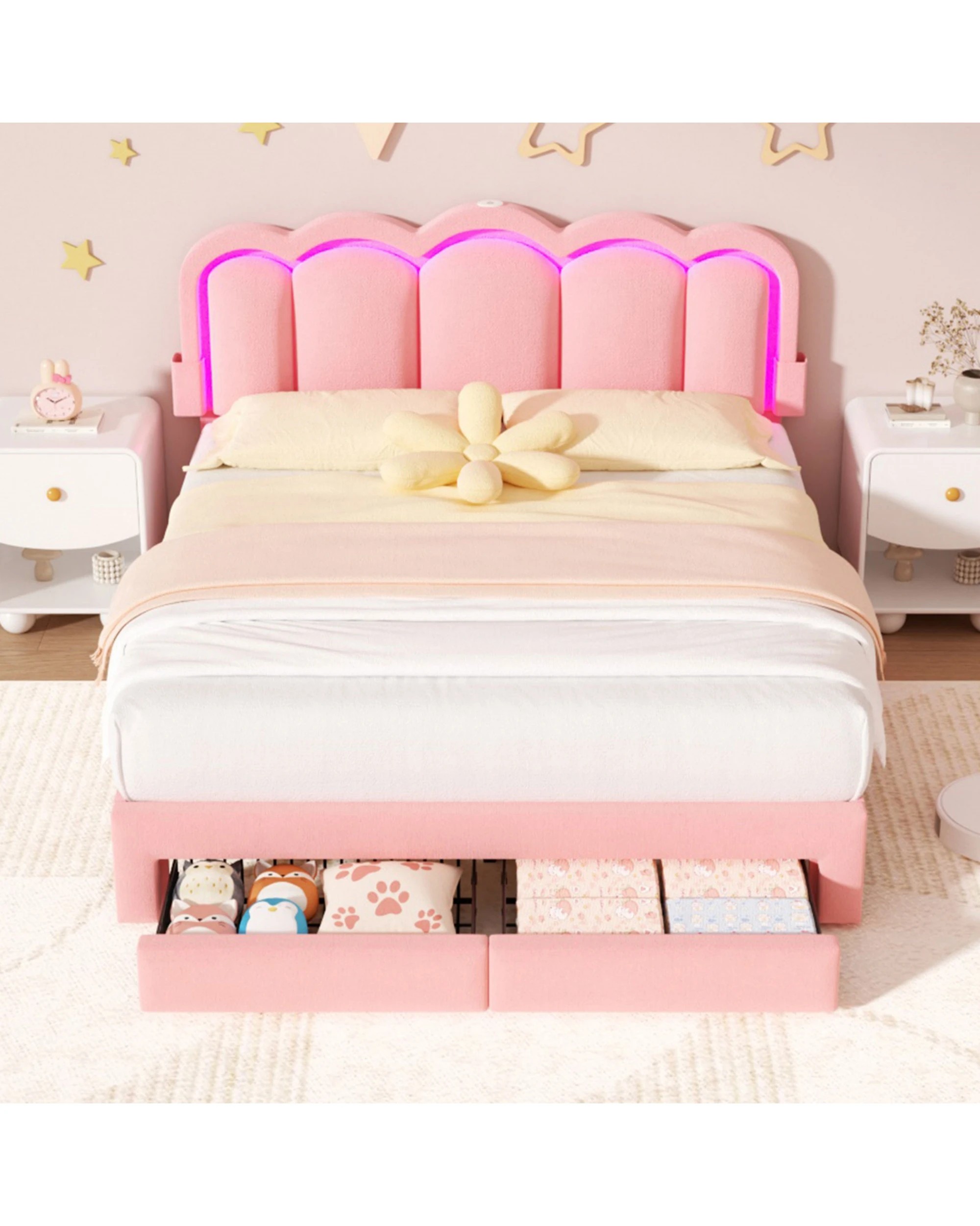 7 Advwin LED Bed Frame with Adjustable Headboard and 2 Storage Drawers USB Velvet Double - Pink, 7 of 8