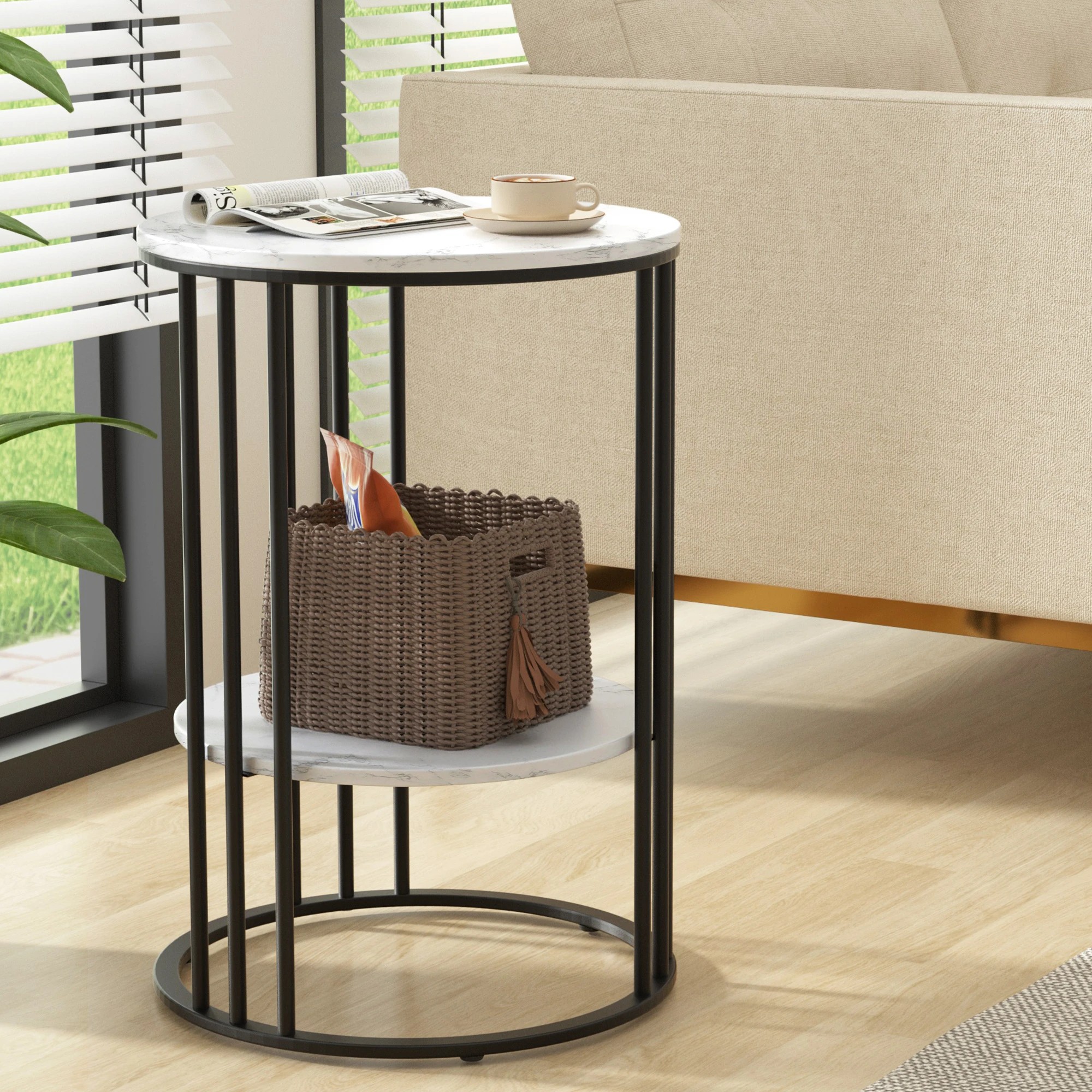4 Artiss Side Table 2Pcs End Table Coffee Table 2-Tier Bedside Round Marble Effect - Beige, 4 of 7