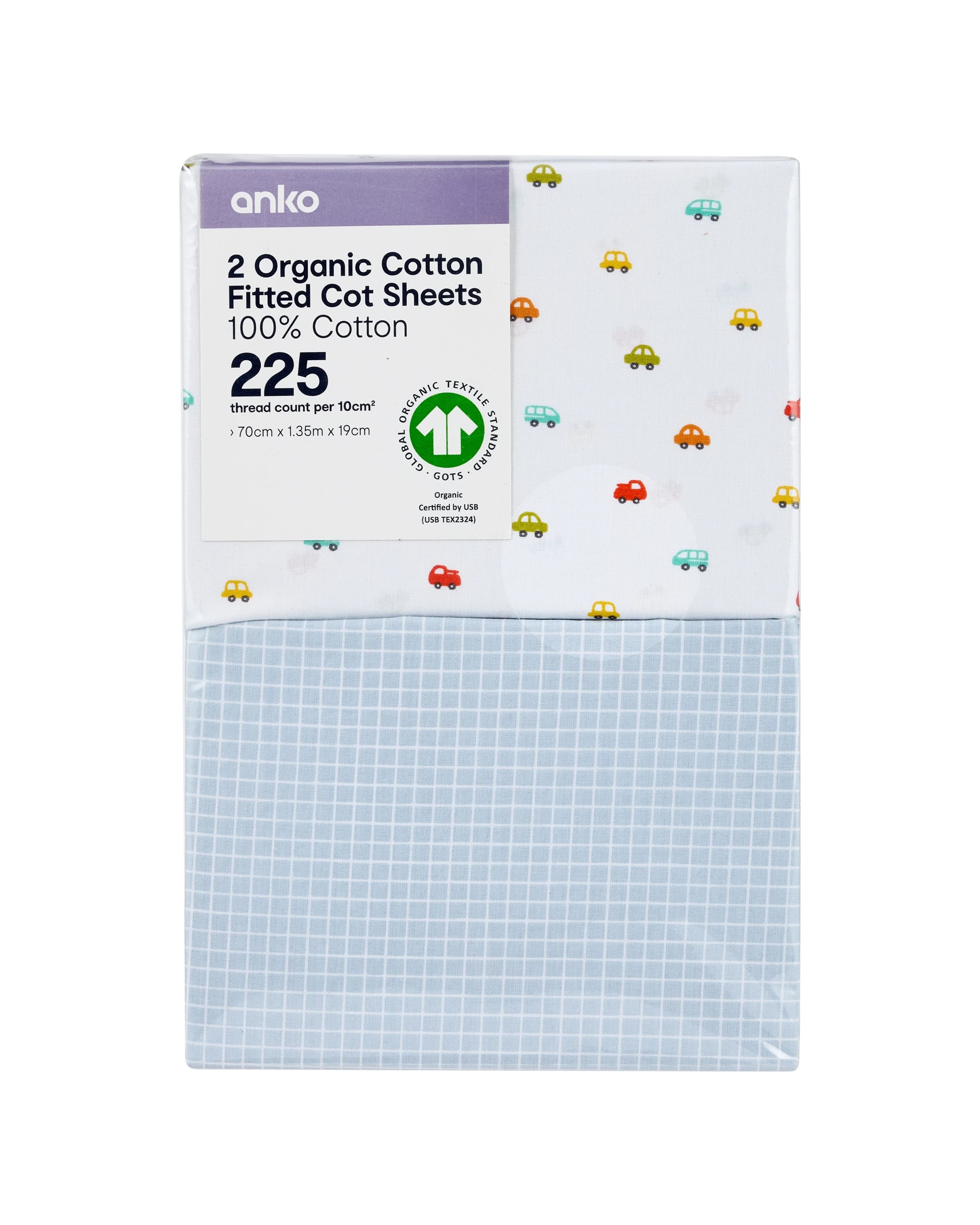 6 2 Pack 225 Thread Count Organic Cotton Fitted Cot Sheets - Cars and Checkered, 6 of 6