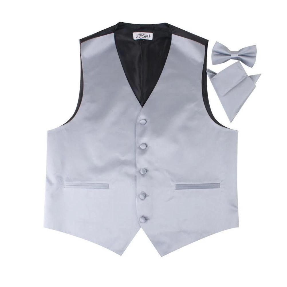 1 Zasel Mens Plain Vest Waistcoat & Matching Bow Tie & Pocket Square Dark Silver, 1 of 1