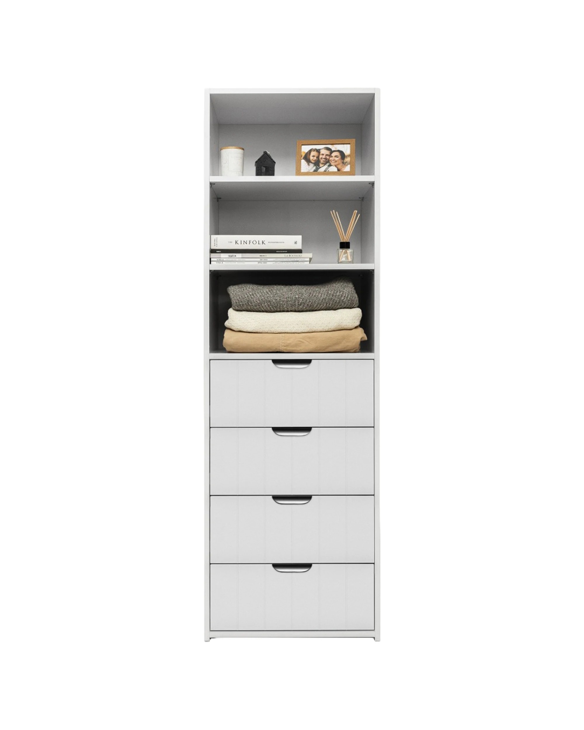 1 European Cabinetry Geneva 3 Shelf 4 Drawer Built In Wardrobe VJ Panel Pull Handle - White, 1 of 3