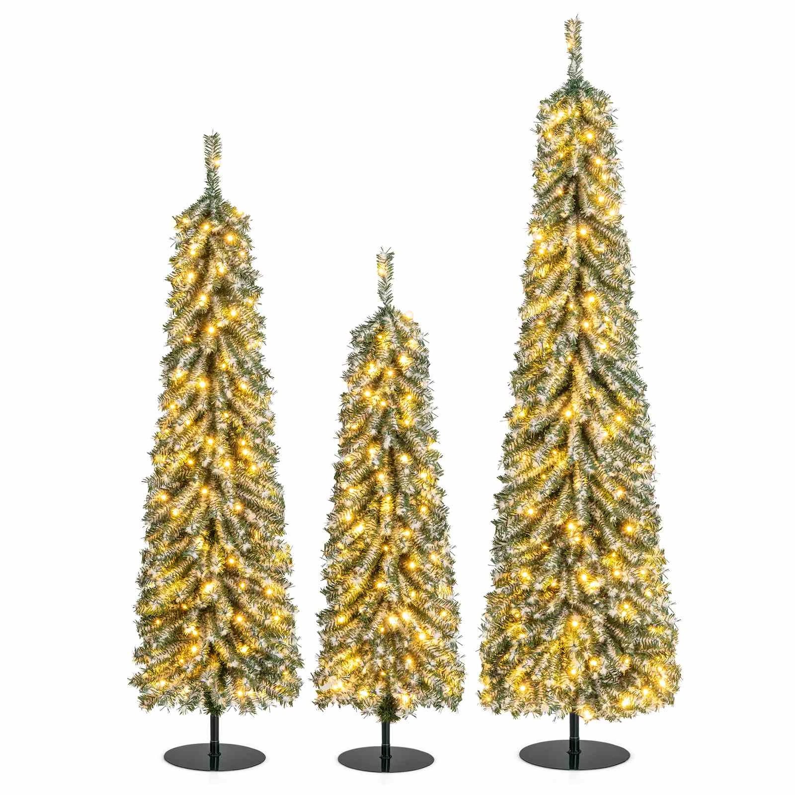 1 Costway Christmas Tree Set of 3 Pencil Xmas Trees Realistic Accumulated Snow w/LEDs, 1 of 2