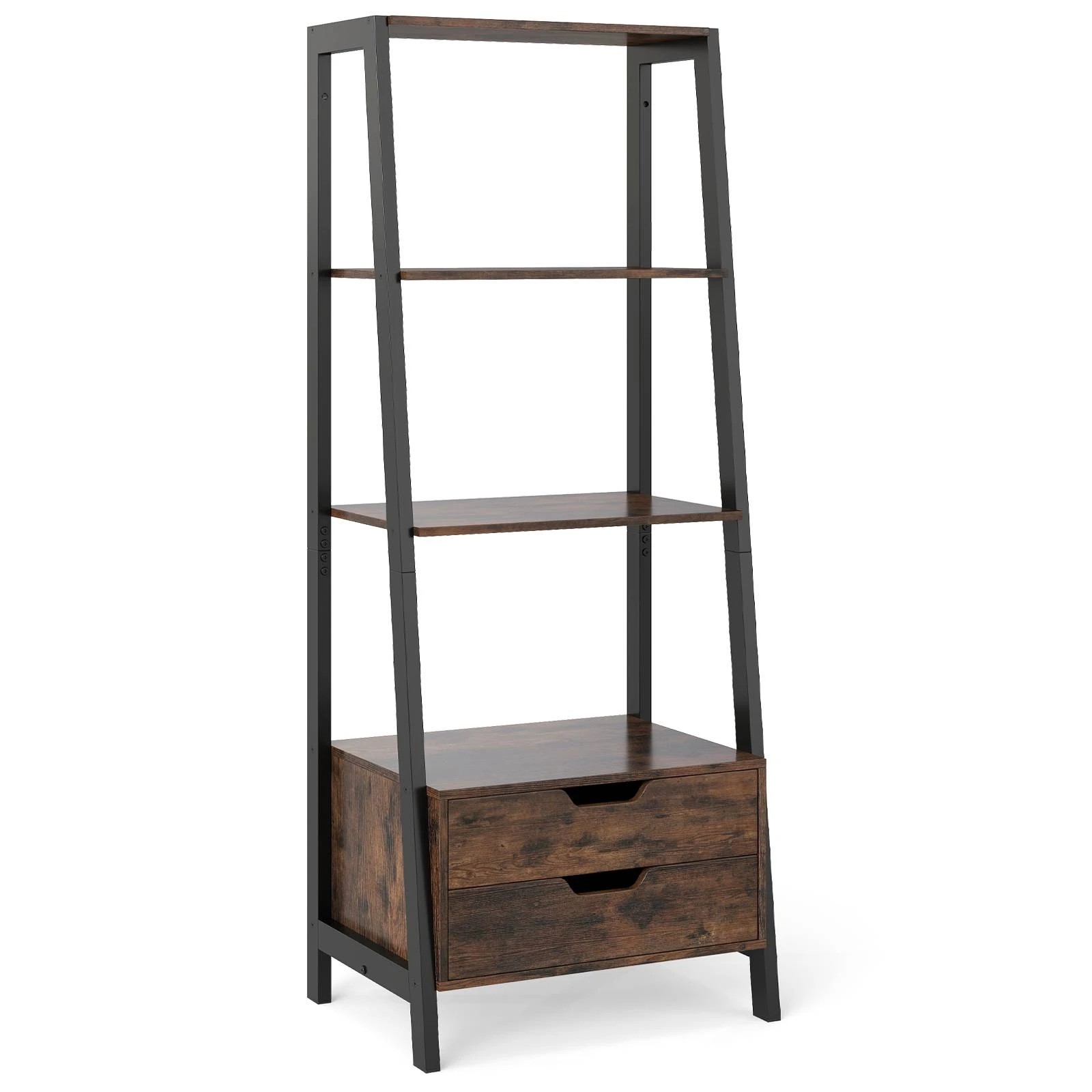 1 Costway Ladder Bookshelf w/Storage Shelf & Drawer Tall Display Rack Bookcase - Brown, 1 of 4