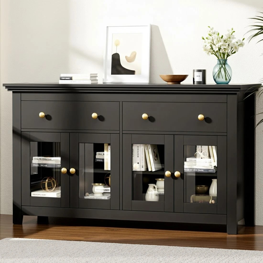 3 Artiss Buffet Sideboard Storage Cabinet Kitchen Cupboard Clear Door Drawer - Black, 3 of 5