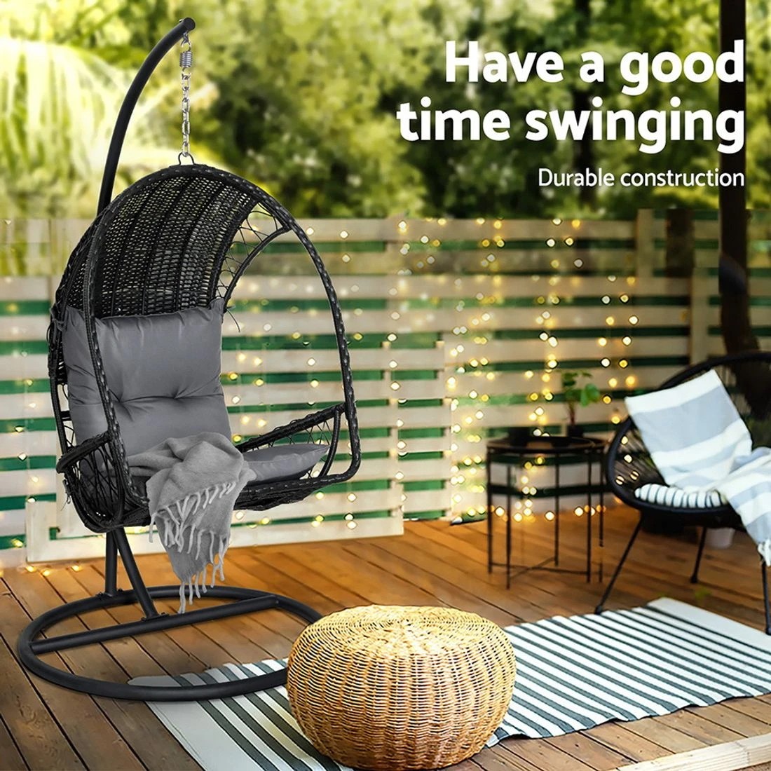 5 Gardeon Outdoor Egg Swing Chair Wicker Furniture Pod Stand Armrest - Black, 5 of 7