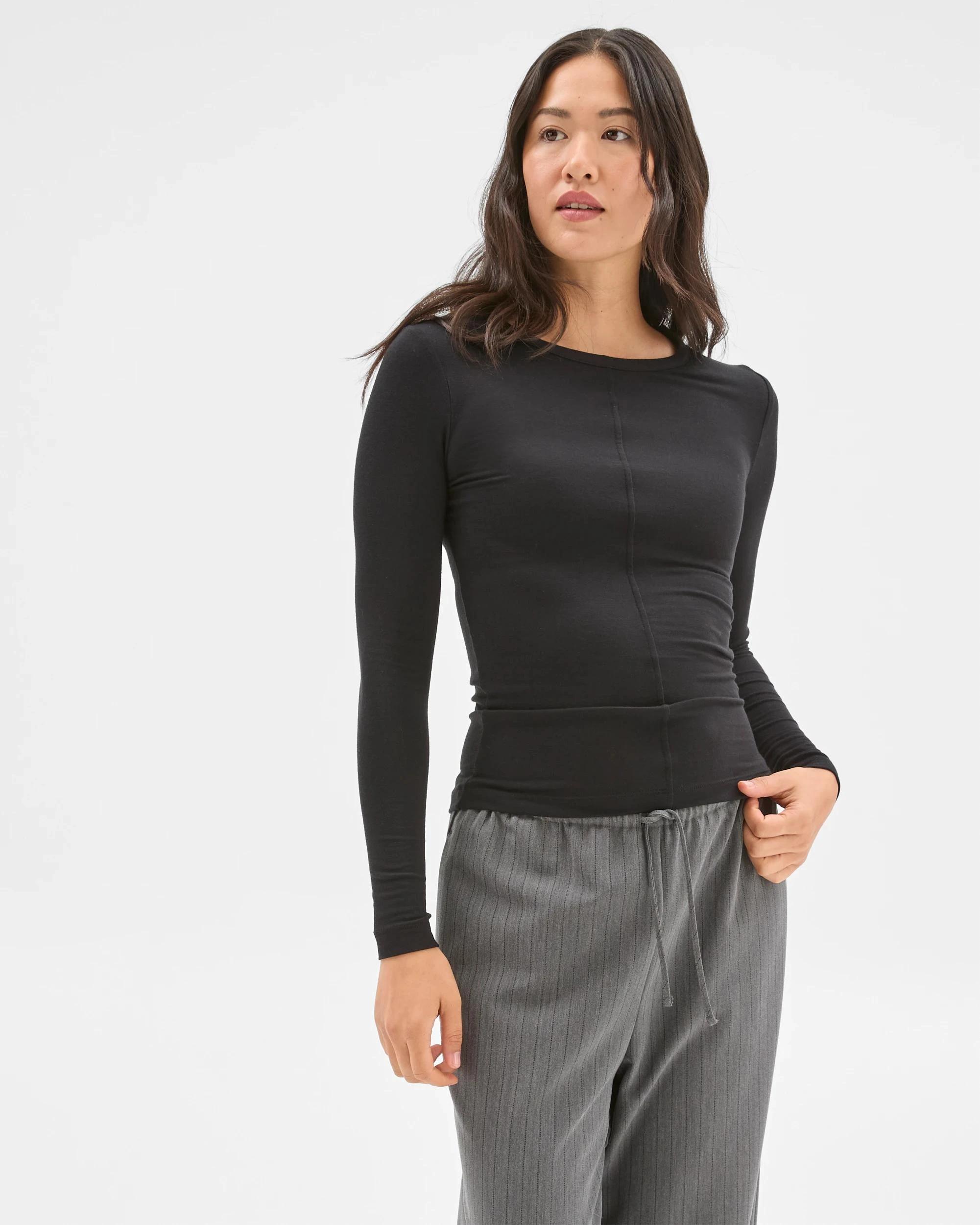 1 Preview Long Sleeve Luxe Layering Crew Neck Knit Top BLACK, 1 of 7