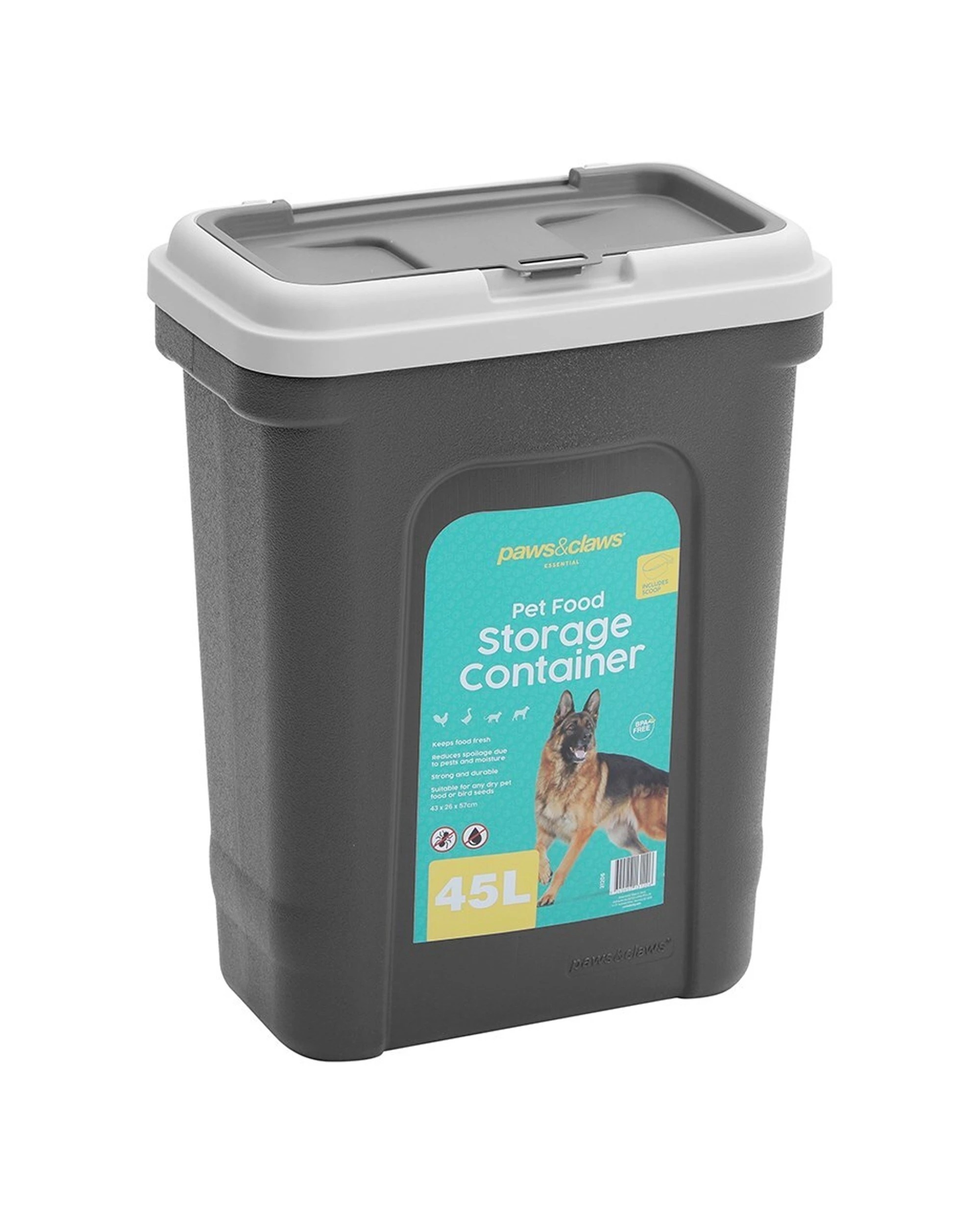 1 Paws & Claws 43x57cm 45l W/scoop Pet Dry Food Storer Bin Storage Container - Grey, 1 of 4
