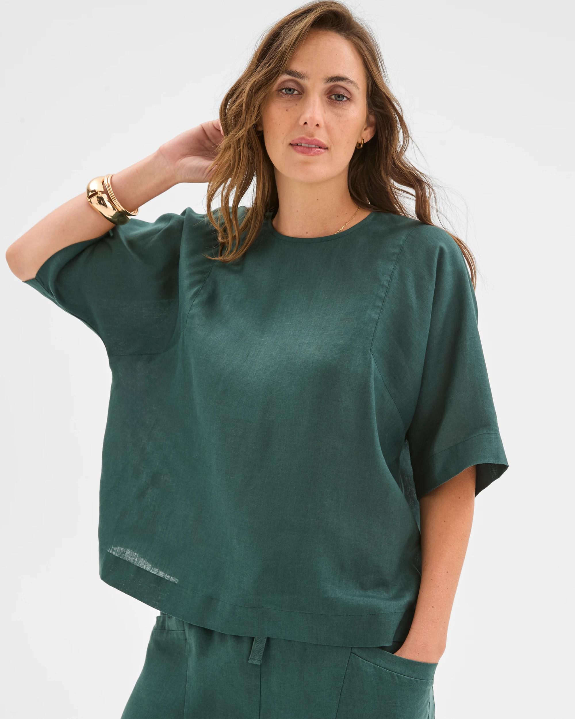 3 Target Woman European Linen Seamed T-Shirt DEEP GREEN, 3 of 6