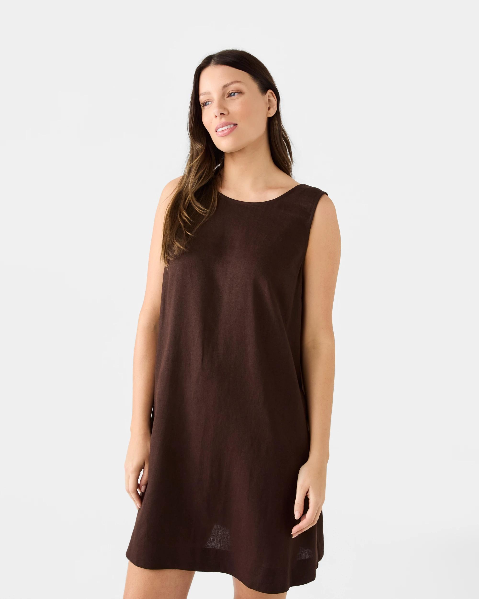 2 Sleeveless Linen Blend Tie Back Mini Dress Cbean, 2 of 7