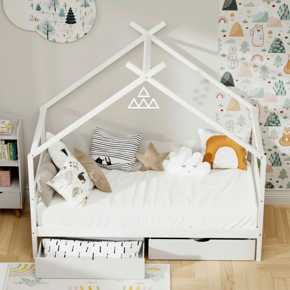 4 Artiss Bed Frame Wooden Base Kids Single Timber House  with 2 Storage Drawers - White, 4 of 5