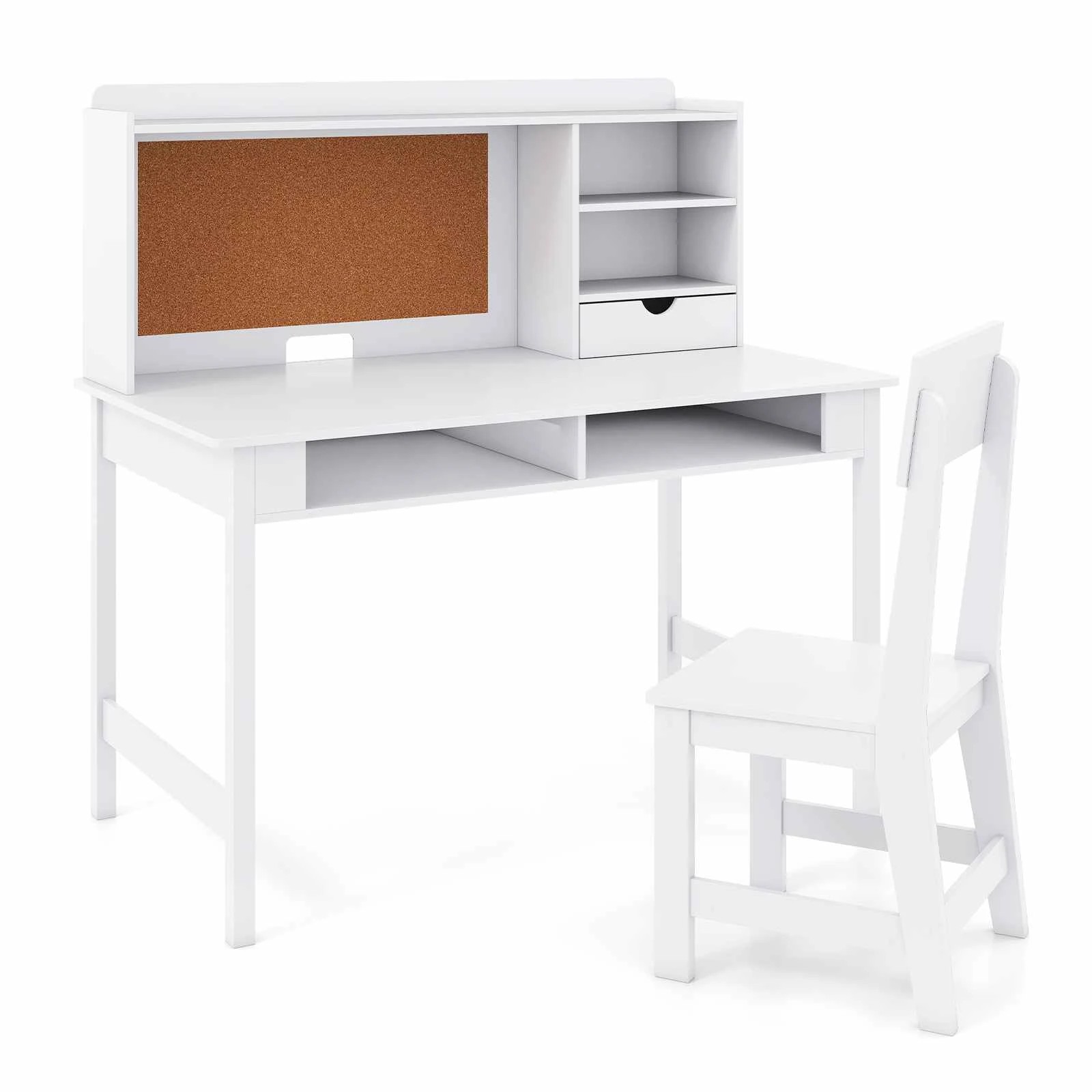 1 Costway Study Desk Chair Set Wooden Writing Table Cork Bulletin Board Computer Workstation - White, 1 of 3