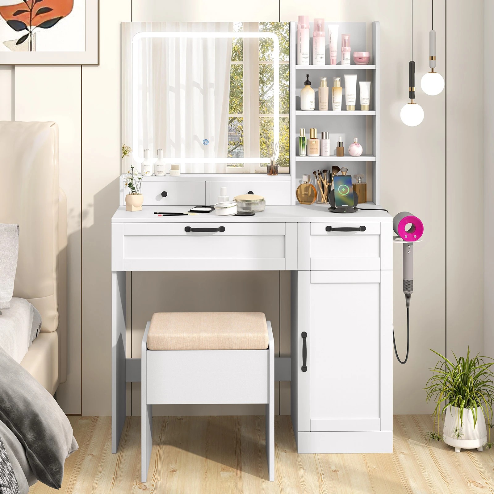4 Costway 3-Color LEDs Dressing Vanity Set w/Charging Station & Under Seat Storage Space, 4 of 5