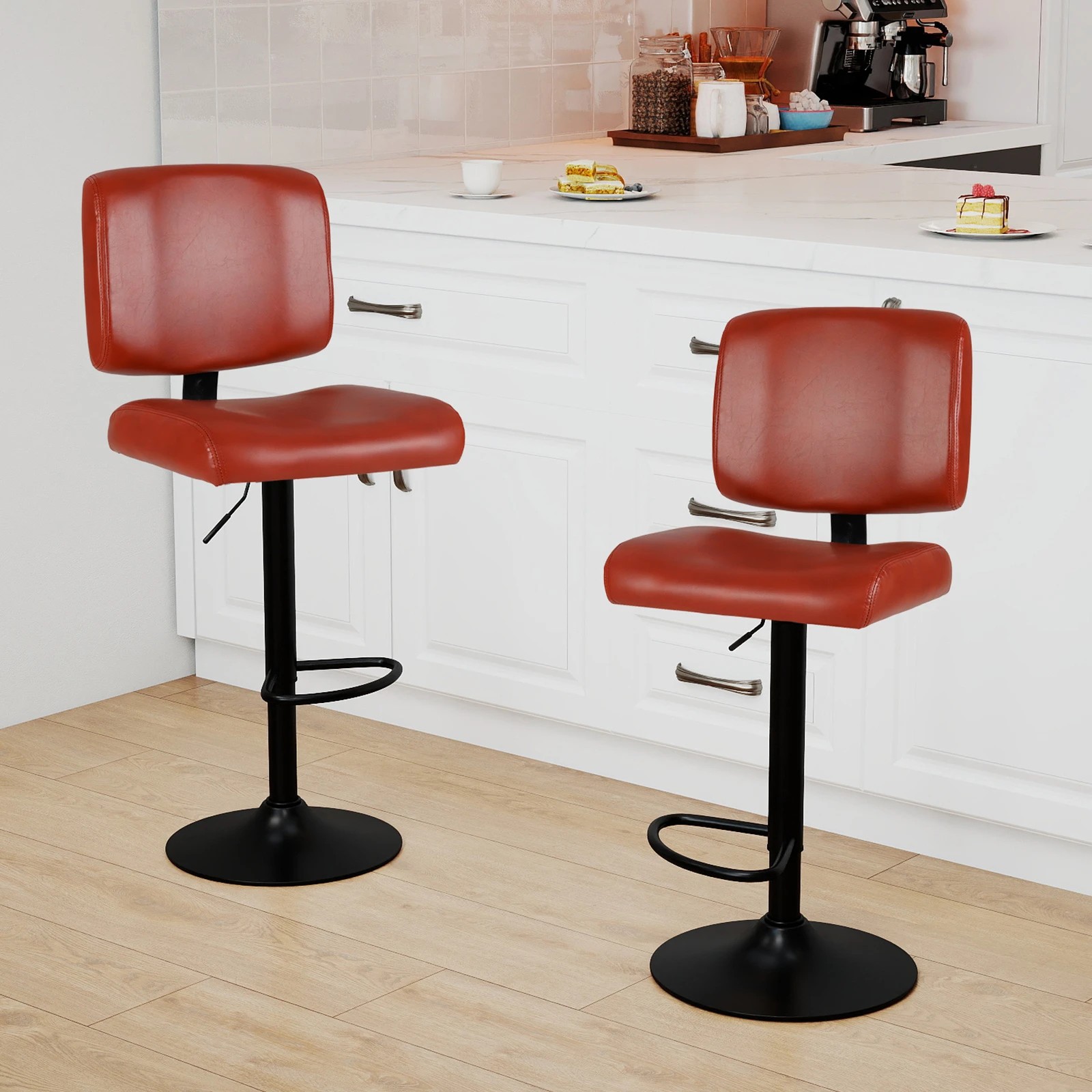 2 Costway 2x Swivel Bar Stools Adjustable Square Bar Chairs Kitchen Upholstered Counter Barstool Set - Brown, 2 of 4