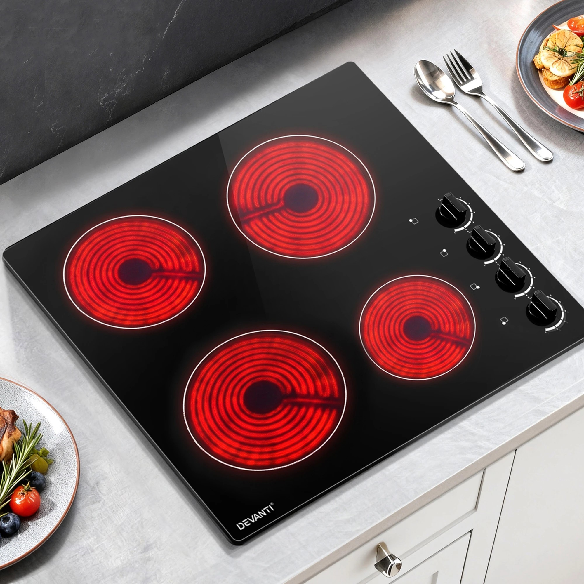 6 Devanti 60cm Electric Ceramic Cooktop 4 Zone Knob Control 8 Step Heat Timer Safety Lock Overheat Protection - Black, 6 of 6